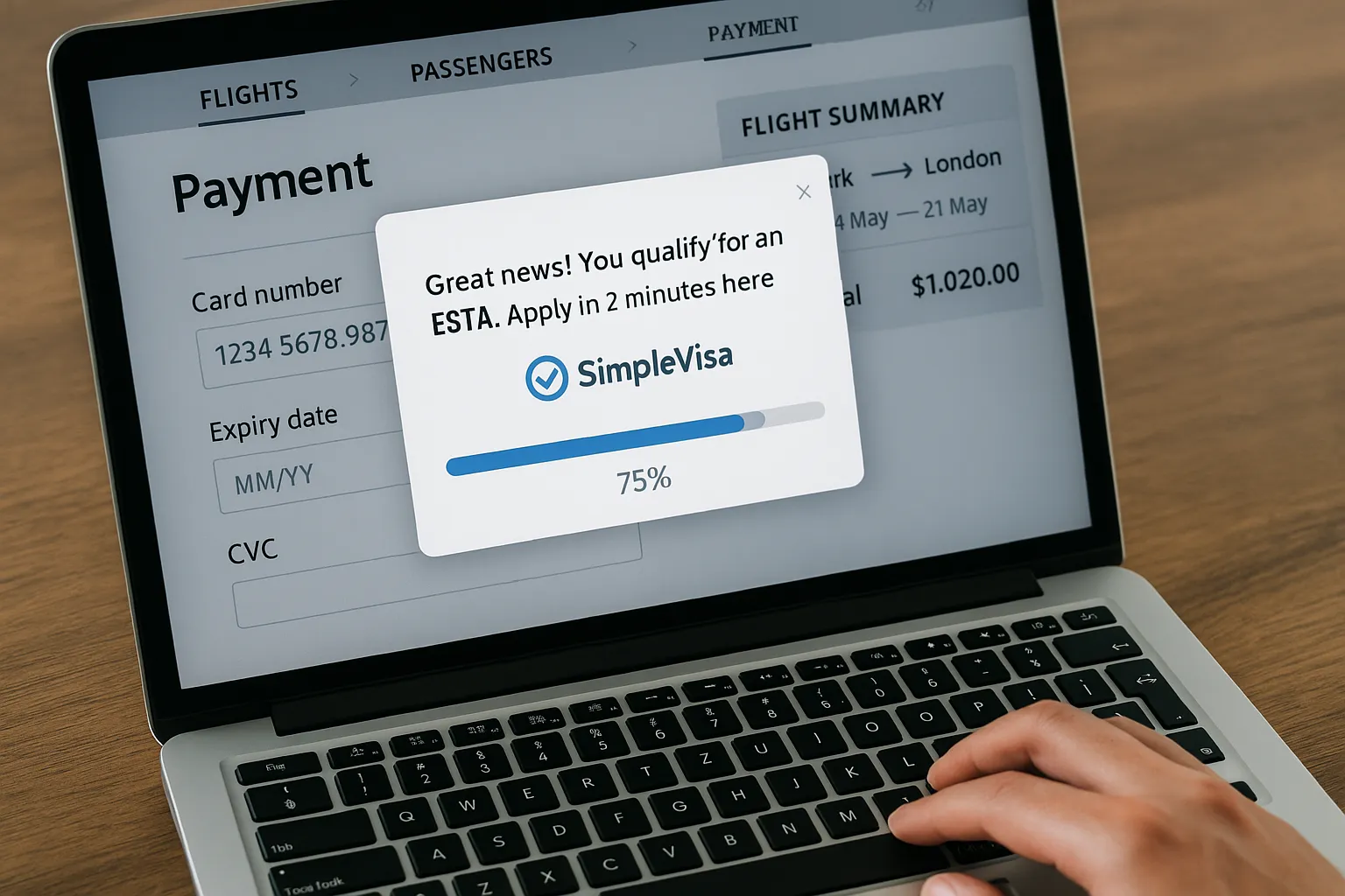 Illustration of an airline booking website: the payment page shows a pop-up stating 