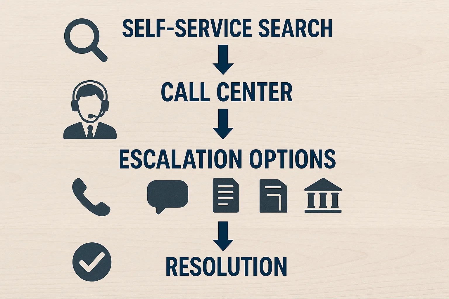 Infographic style image showing a flowchart: Self-Service Search → Call Center → Escalation Options → Resolution, with icons for phone, chat, form, and embassy.