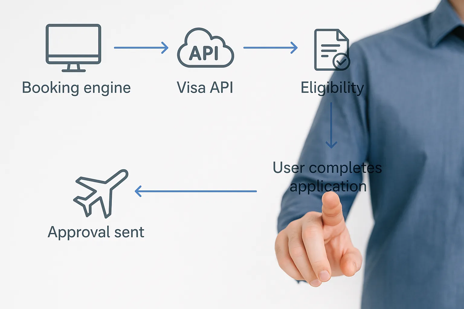 Minimalist flow diagram: booking engine calls a visa API, receives eligibility, user completes application, approval sent back to airline.