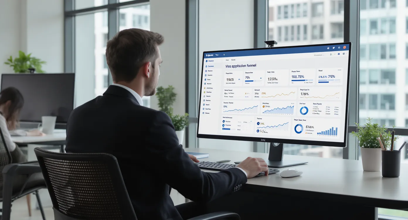 Product manager reviewing a dashboard that displays visa application funnel metrics and revenue charts on a large screen in a modern office setting.