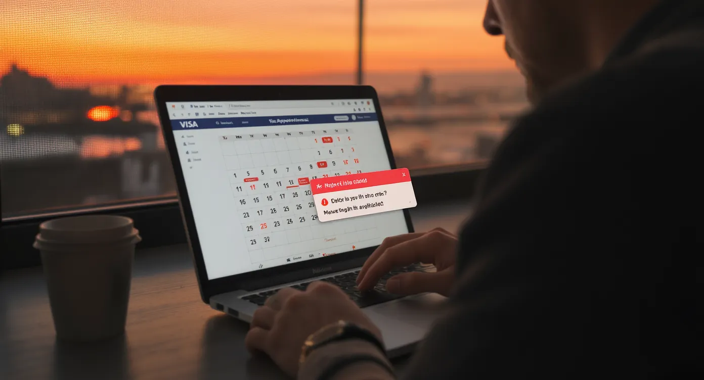Traveler on a laptop at dawn refreshing a visa-appointment calendar while an alert notification pops up showing an earlier date available