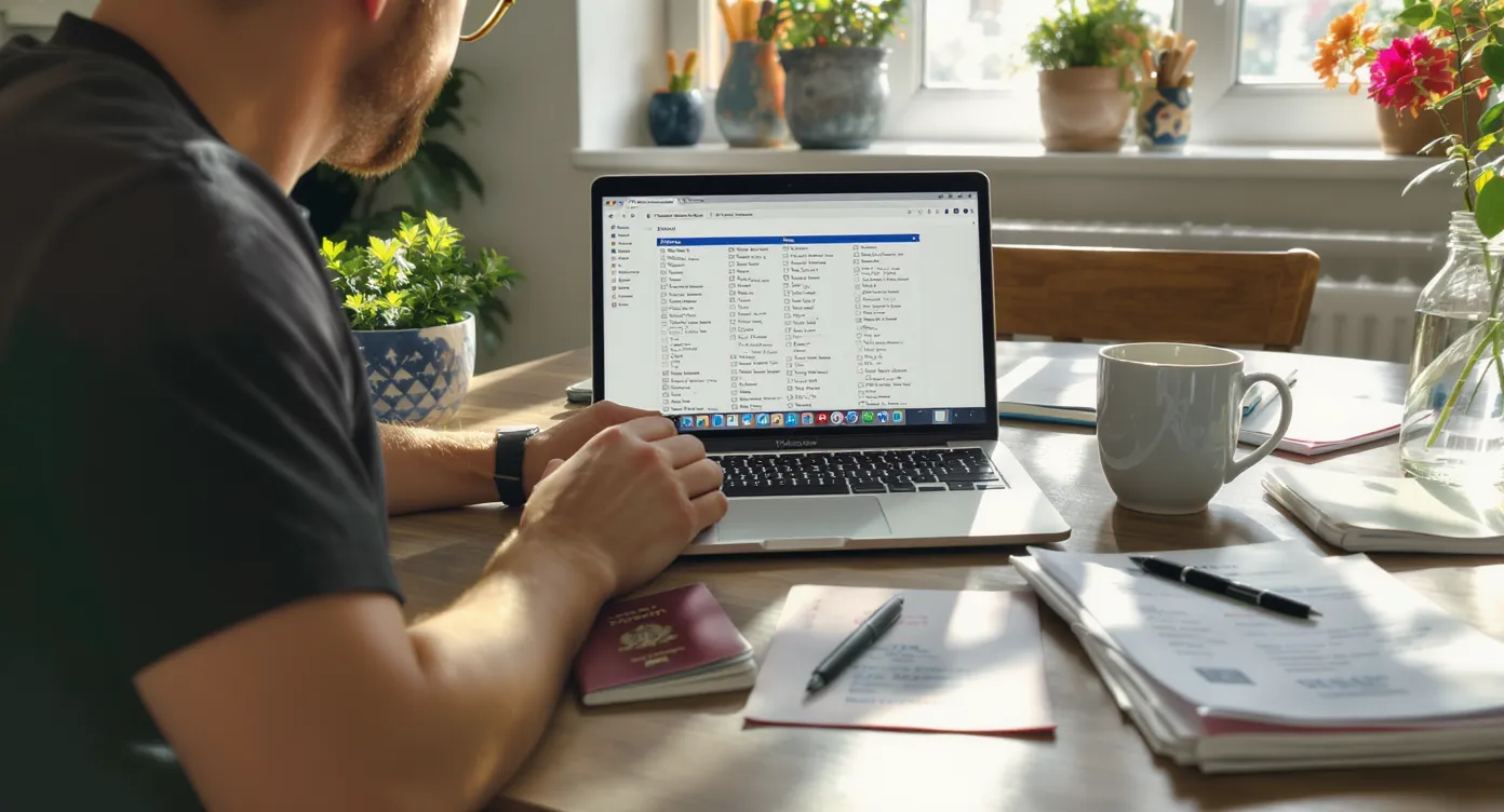Traveler sitting at a kitchen table surrounded by a laptop, passport, and neatly arranged visa documents, checking off a digital checklist on the screen while sunlight streams through a window.