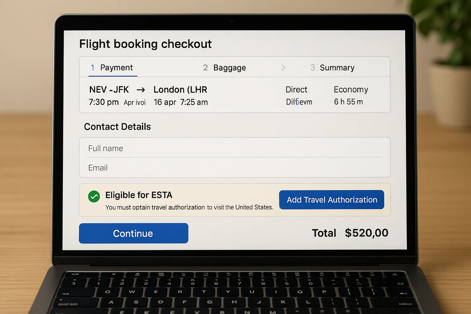 UX mock-up: a flight-booking checkout page that shows an inline ESTA eligibility banner with a one-click “Add Travel Authorization” button and real-time price in local currency.