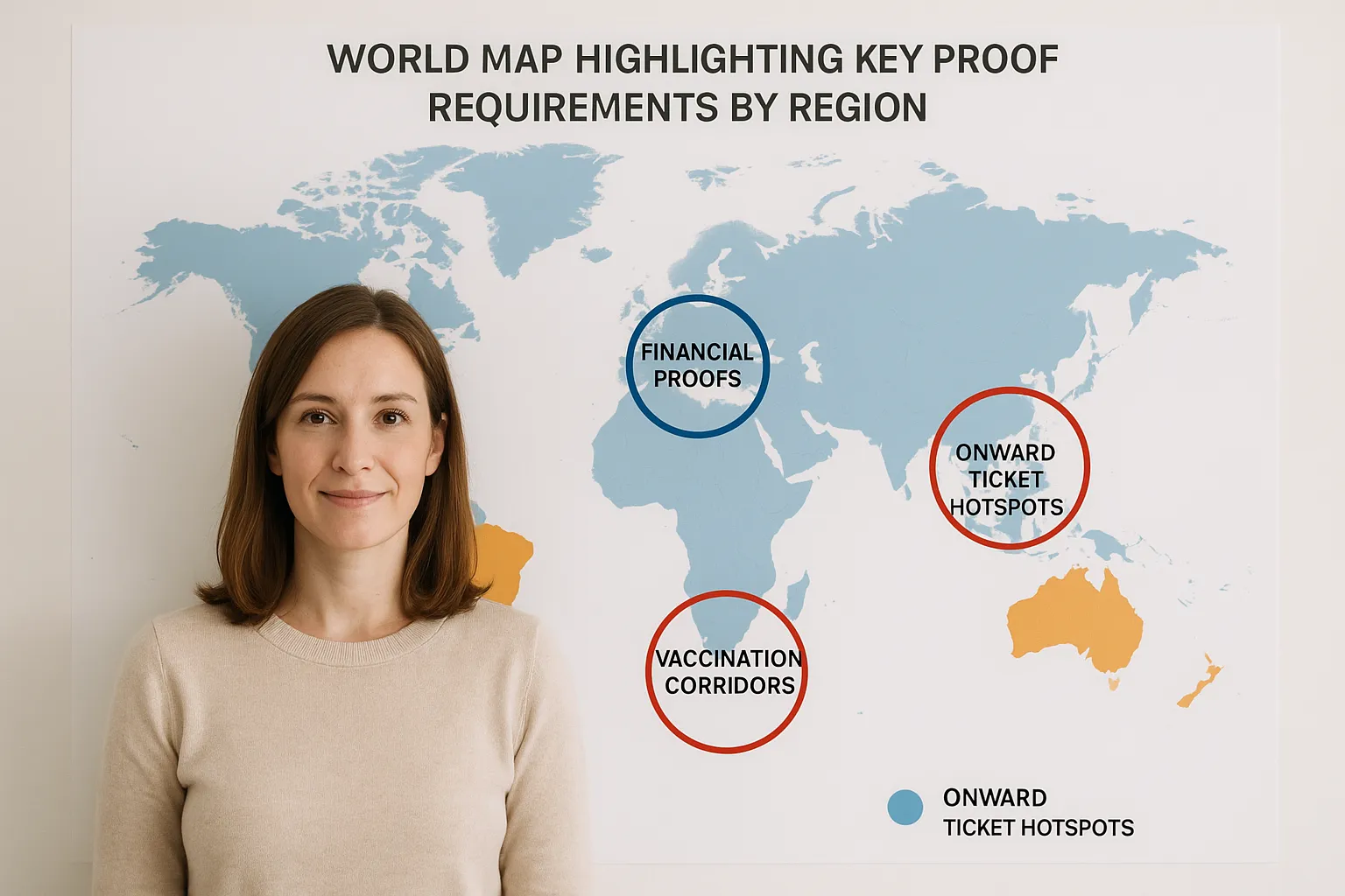 World map highlighting key proof requirements by region—onward ticket hotspots in Southeast Asia, financial proofs in Europe, vaccination corridors in Africa and South America.