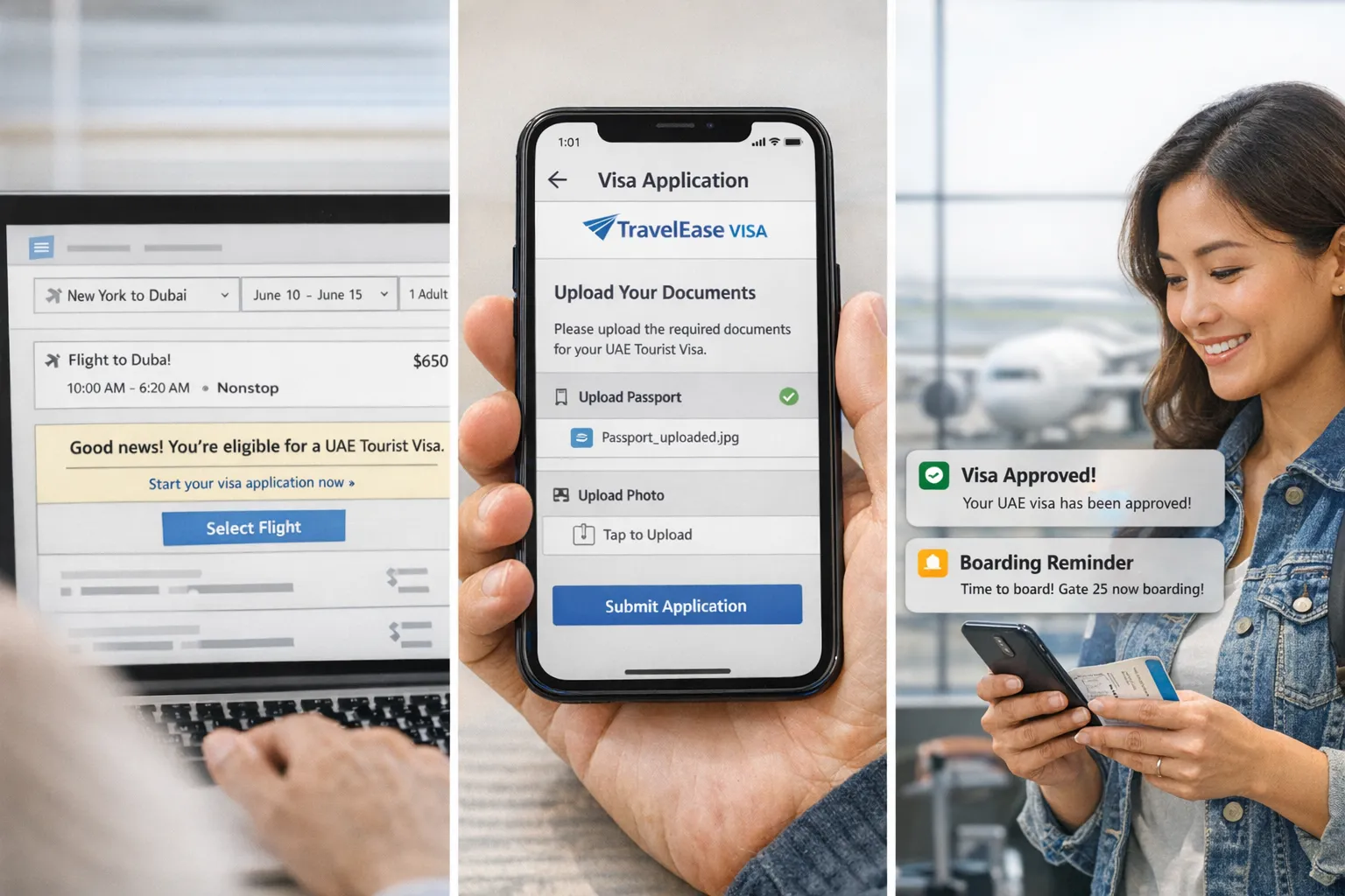 A booking flow wireframe showing visa eligibility surfaced at search, an in‑path branded application step with document upload on mobile, and automated status notifications leading to on‑time boarding.