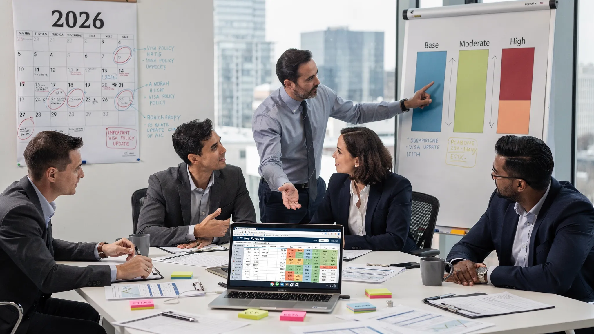 A cross-functional travel team in a meeting room planning for 2026: a large wall calendar marked with key dates for visa policy updates, a laptop showing a fee-forecast spreadsheet, sticky notes labeled 'ETIAS', 'UK ETA', 'ESTA', and a whiteboard with a simple three-scenario budget chart (base, moderate, high).