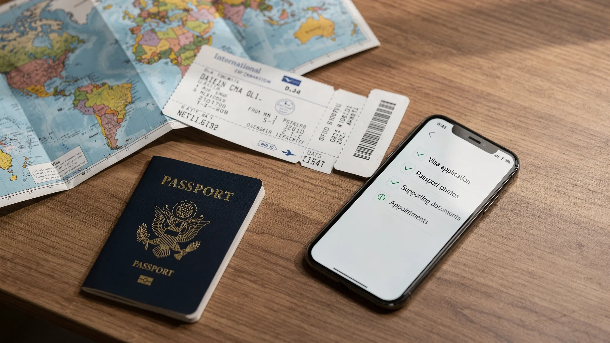 A flat lay of a navy blue United States passport, a boarding pass with an international destination, a folded world map with colored regions, and a smartphone showing a checklist of visa steps, all on a wooden desk with soft natural light.