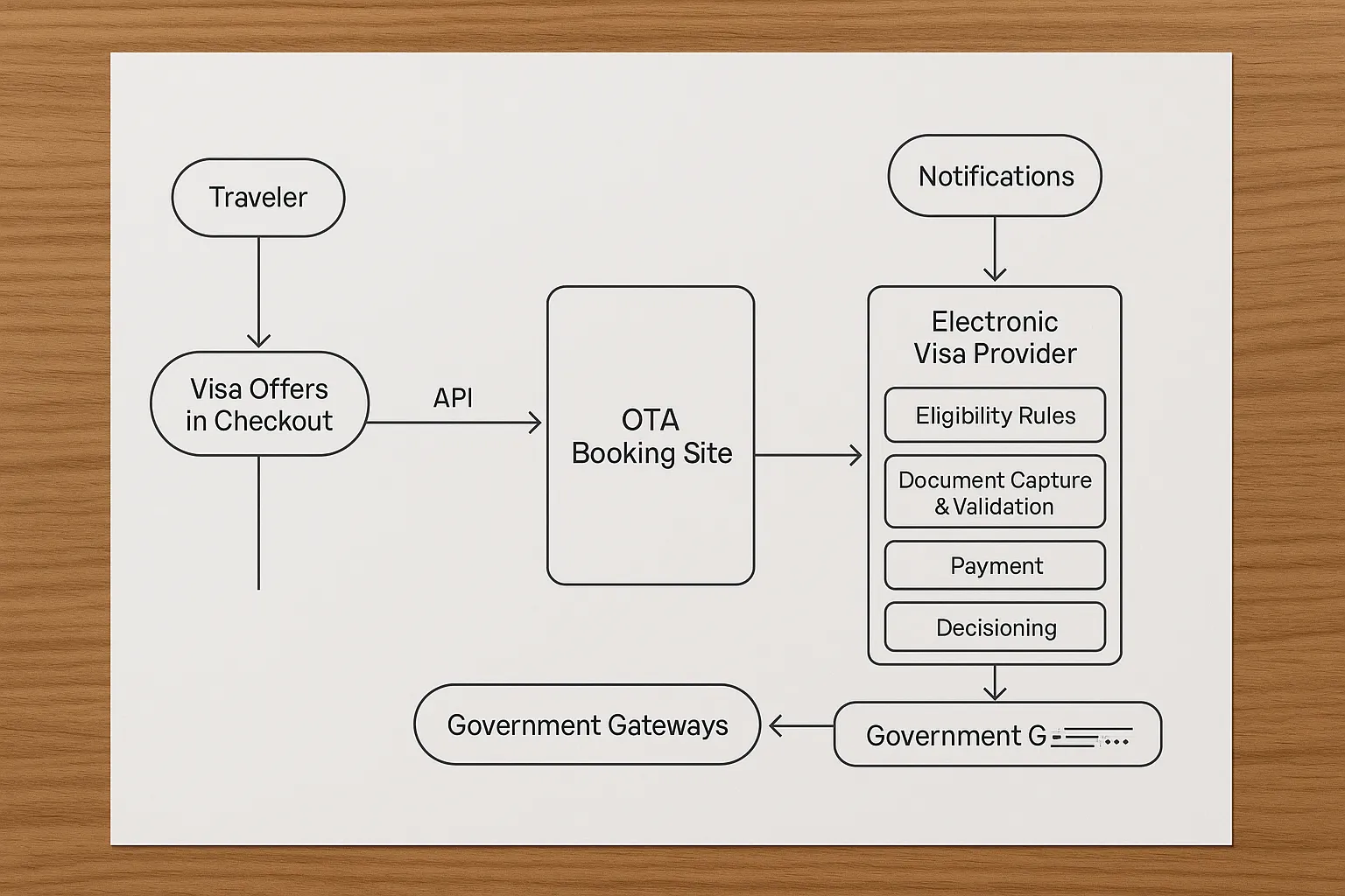 A simple architecture diagram showing an OTA booking site connected to an electronic visa provider via API, with components for eligibility rules, document capture and validation, payment, decisioning, status webhooks, and connections to multiple government gateways. The traveler sees visa offers in the checkout and receives notifications as status changes.