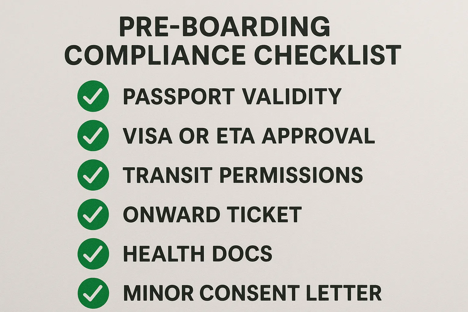 A simple pre-boarding compliance checklist infographic showing passport validity, visa or eTA approval, transit permissions, onward ticket, health docs, and minor consent letters, each with a green checkmark.