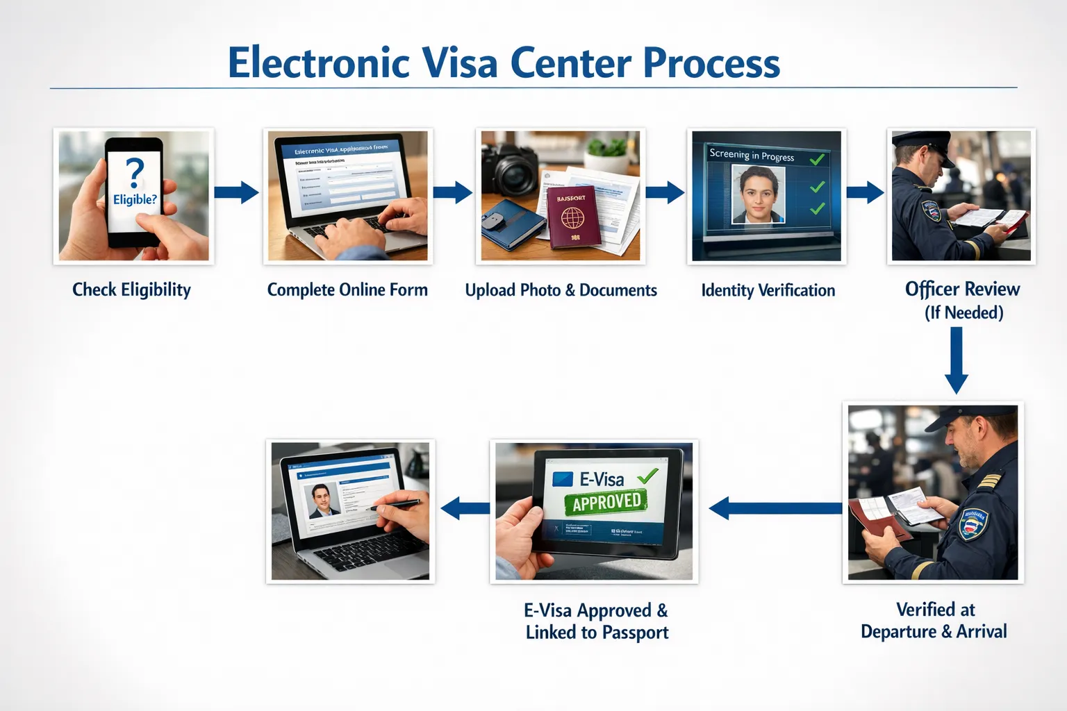 A simple workflow diagram showing the Electronic Visa Center process: traveler checks eligibility on a mobile device, completes an online form, uploads passport photo and documents, passes identity checks, system runs automated screening, officer review if needed, approval issued electronically and linked to the passport, and airline or border verifies it on departure and arrival.