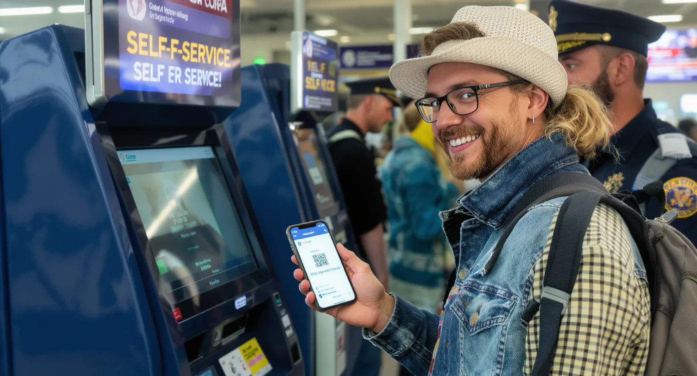 A smiling traveler at a self-service passport kiosk in a U.S. airport, holding a phone that displays a QR-coded ESTA approval while a CBP officer monitors nearby.