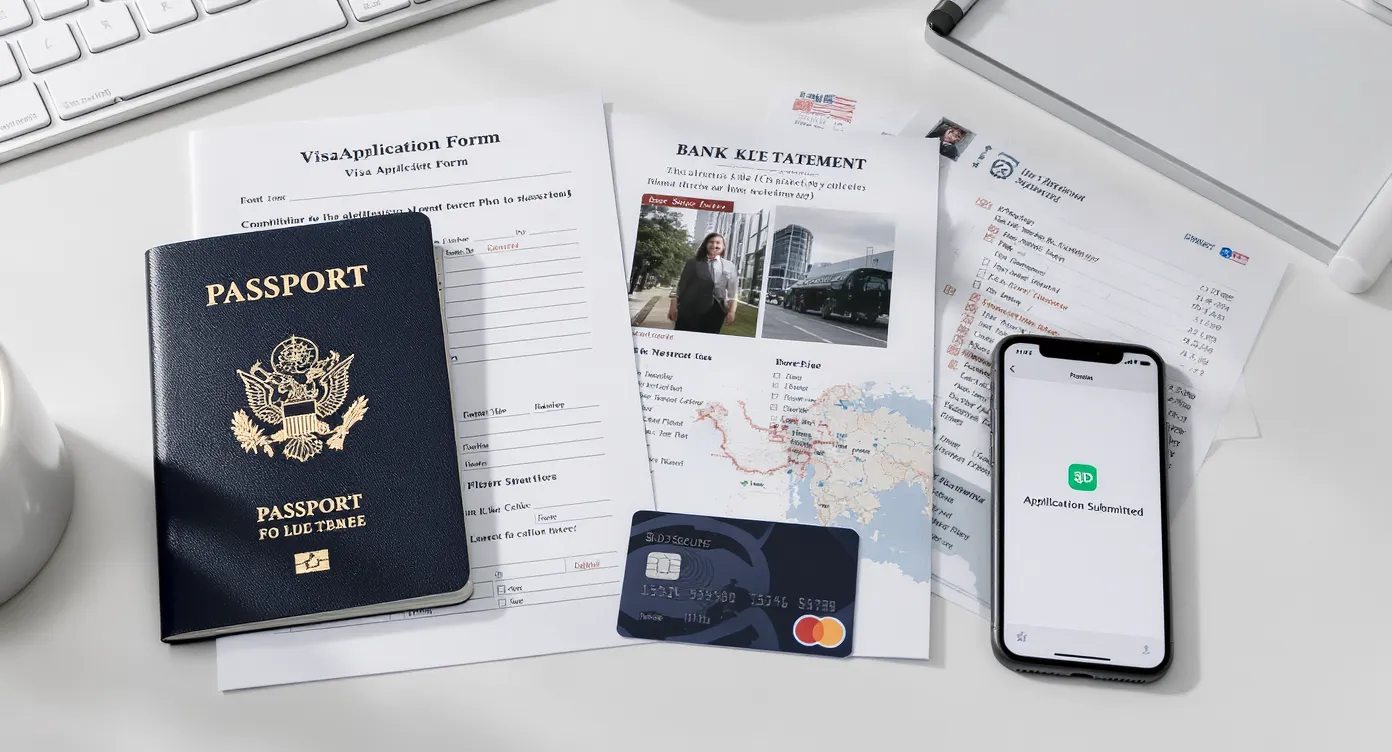 A tidy flat lay of a passport, visa application form, compliant passport photo, printed travel itinerary, bank statement, credit card with 3‑D Secure logo, and a smartphone showing “Application Submitted,” arranged on a clean desk with a simple pre‑flight checklist.