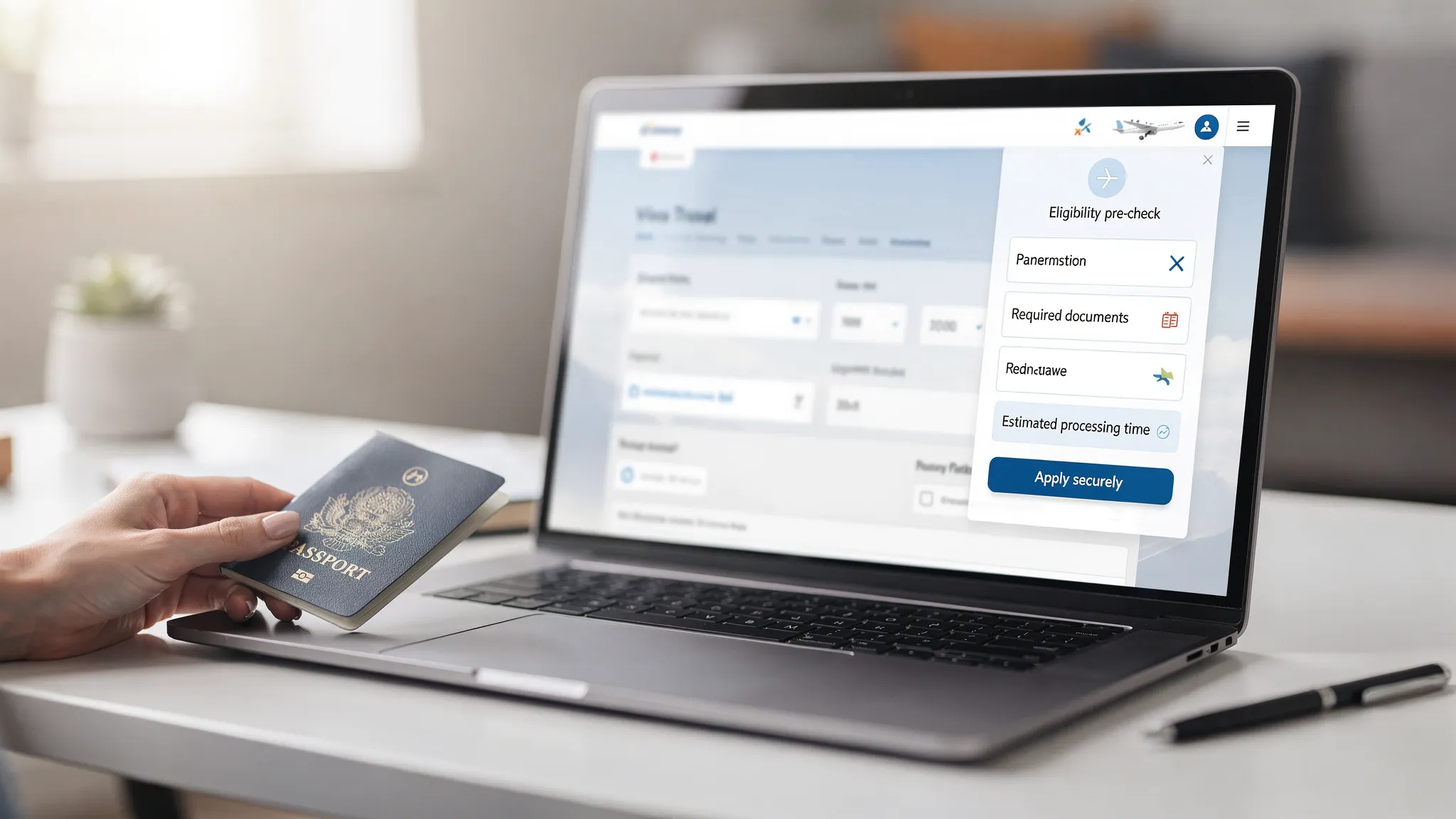 A travel brand’s booking page on a laptop where a white label visa widget appears in the side panel, showing eligibility pre check, required documents, an estimated processing time, and a secure apply button. A hand holds a passport beside the laptop on a clean desk.
