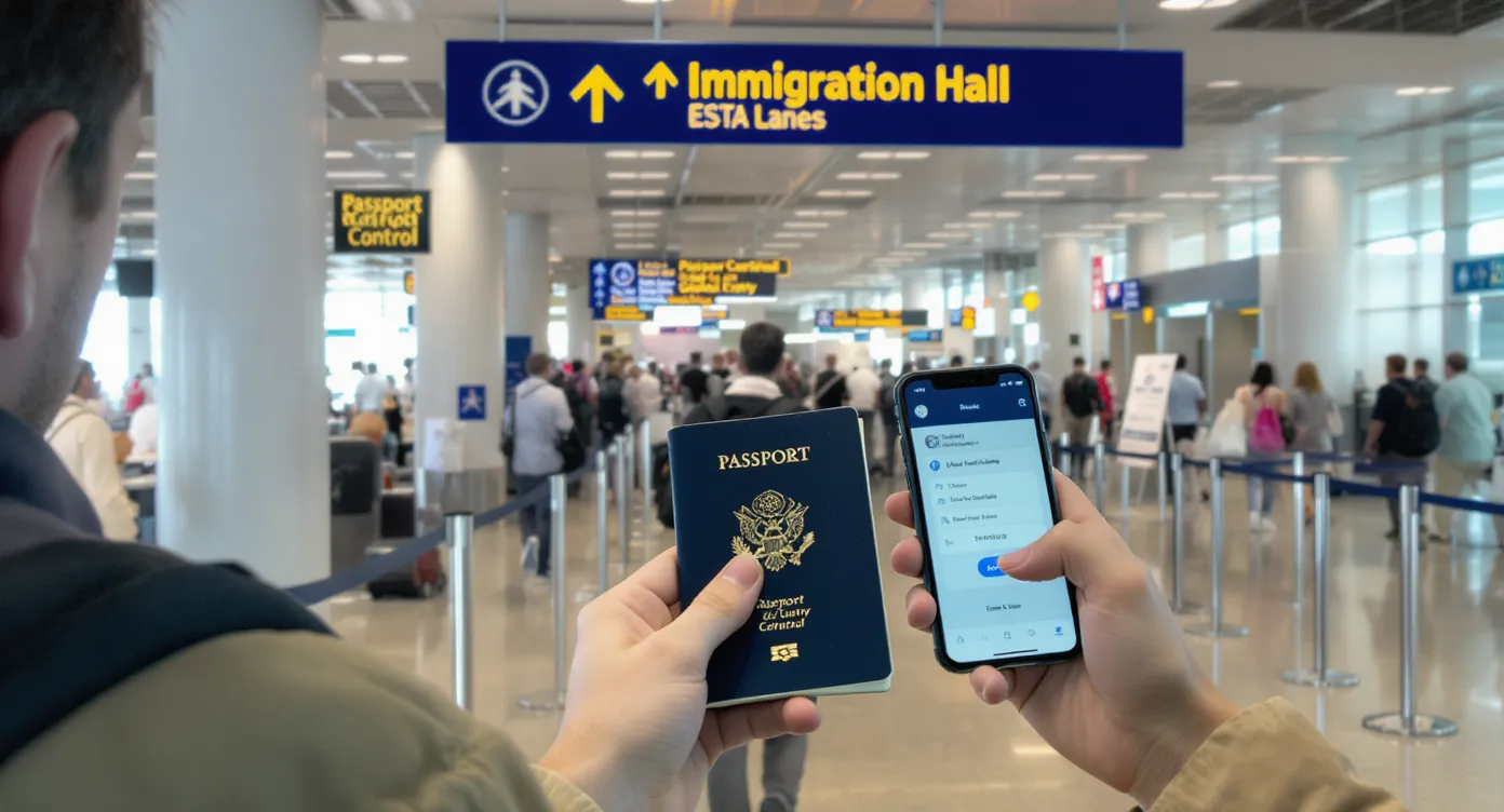 A traveler approaches a U.S. airport immigration hall with clear signs for Passport Control, ESTA lanes, and Global Entry, while holding a biometric passport and a phone displaying a digital travel authorization confirmation.