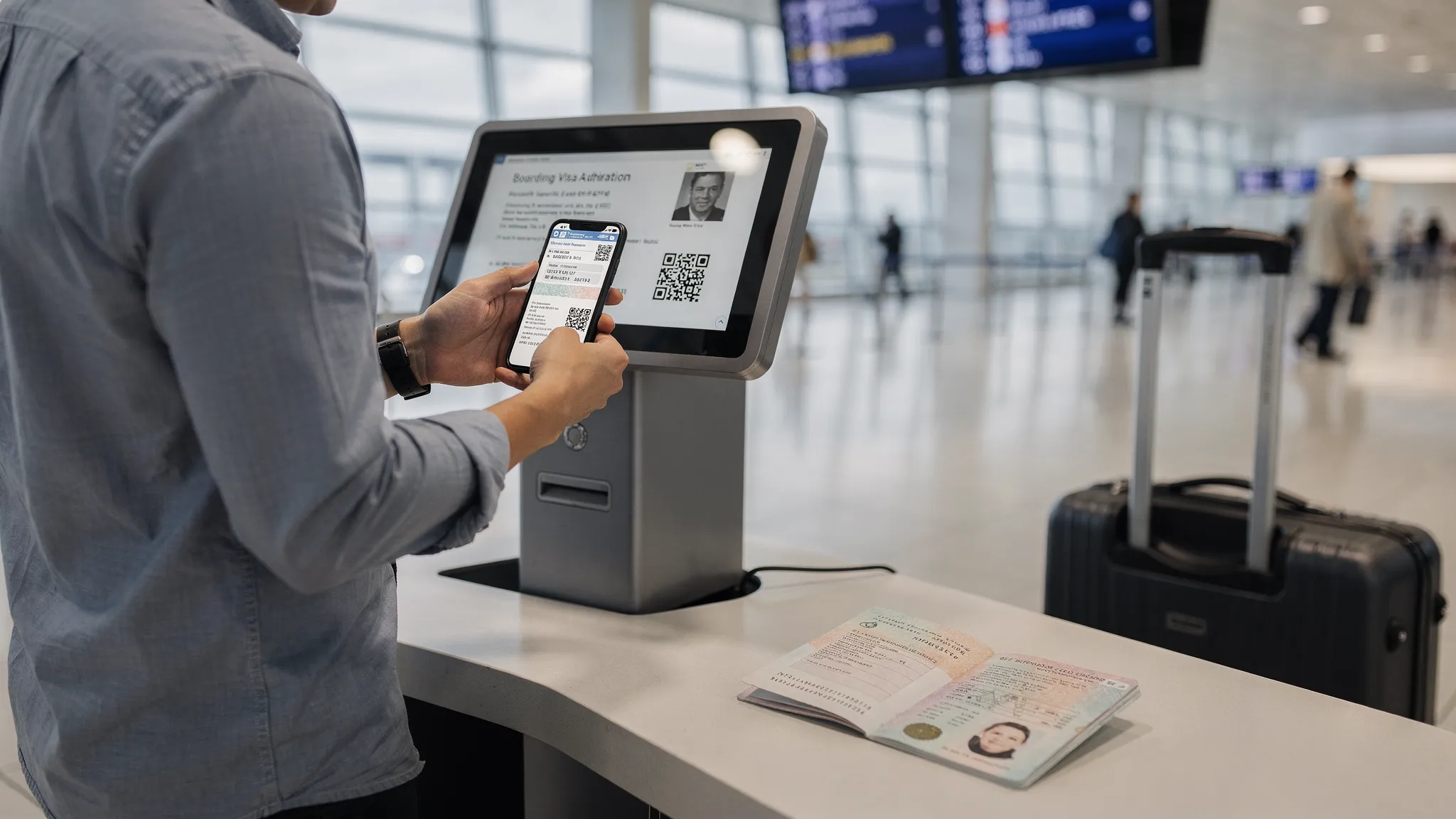 A traveler at an airport check in kiosk reviewing a digital boarding pass and visa authorization on a smartphone, with a passport open to the identification page on the counter next to a carry on bag.