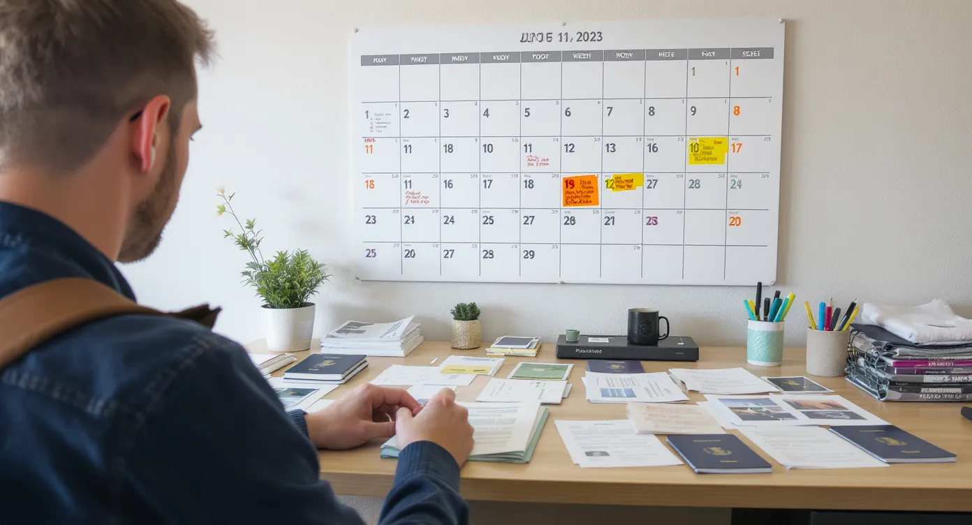 A traveler sits at a tidy desk covered with neatly sorted passport copies, visa photos, and itinerary printouts, while a large wall calendar behind them has key application deadlines highlighted in bright colors.