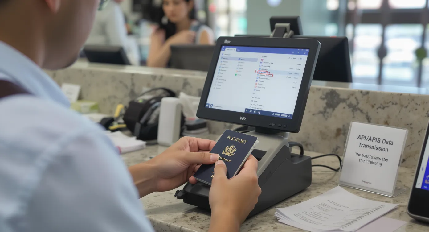 An airport check-in desk scene where an agent scans a traveler’s ePassport, cross-checks visa status on a screen, and compares the name to an itinerary, with a small sign mentioning API/APIS data transmission in the background.
