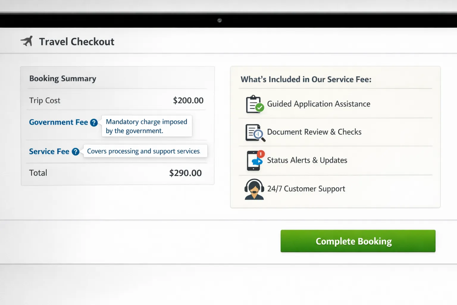 An annotated fee breakdown screen on a travel checkout: left side shows a line item for “Government fee” and a separate line for “Service fee,” with short tooltips explaining each; right side highlights benefits included in the service fee such as guided application, document checks, status alerts, and support.