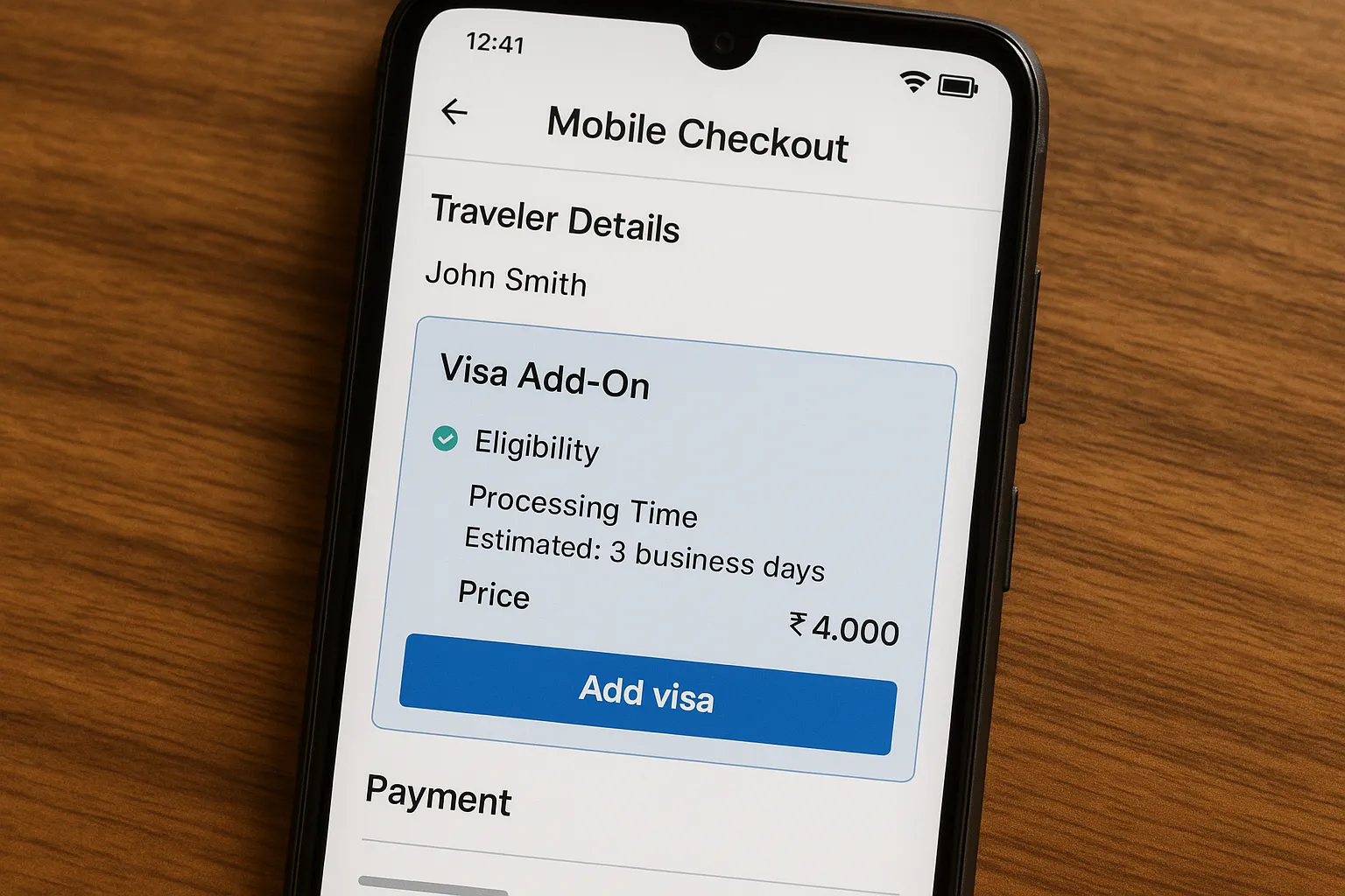Annotated mobile checkout showing a visa add-on card placed between traveler details and payment, with eligibility check status, estimated processing time, pricing in local currency, and an Add visa button.