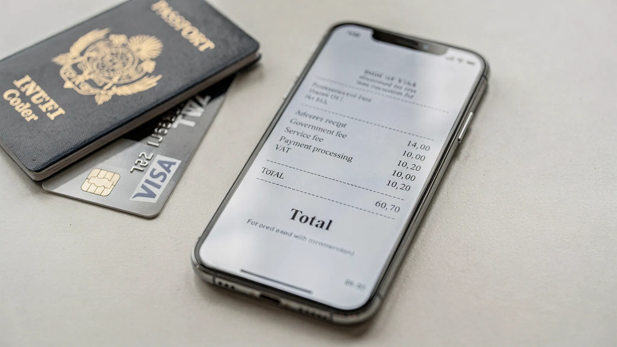 Close-up of an itemized digital receipt for a visa application showing separate line items: Government fee, Service fee, Payment processing, VAT, with totals; displayed on a phone beside a passport and credit card on a clean desk.