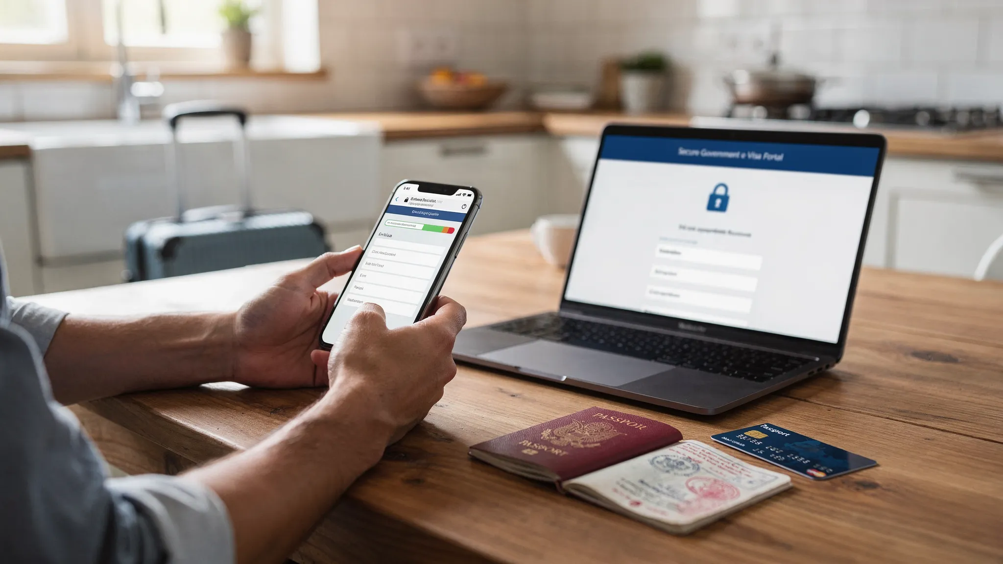 Close‑up of a traveler at a kitchen table using a smartphone to complete an e‑visa application, with a passport, credit card, and a laptop open to a secure government portal screen.
