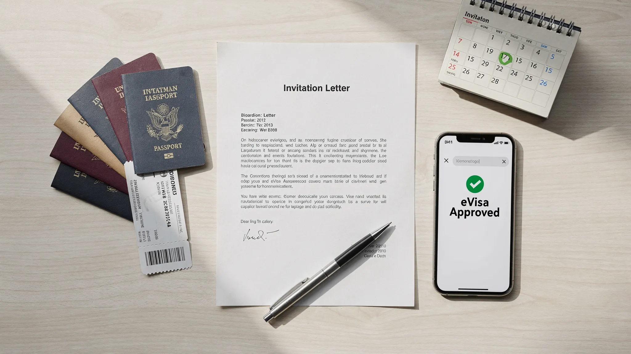 Flat lay of passports, a boarding pass, a printed invitation letter, and a smartphone showing an approved eVisa email, arranged on a clean desk with a pen and small calendar.