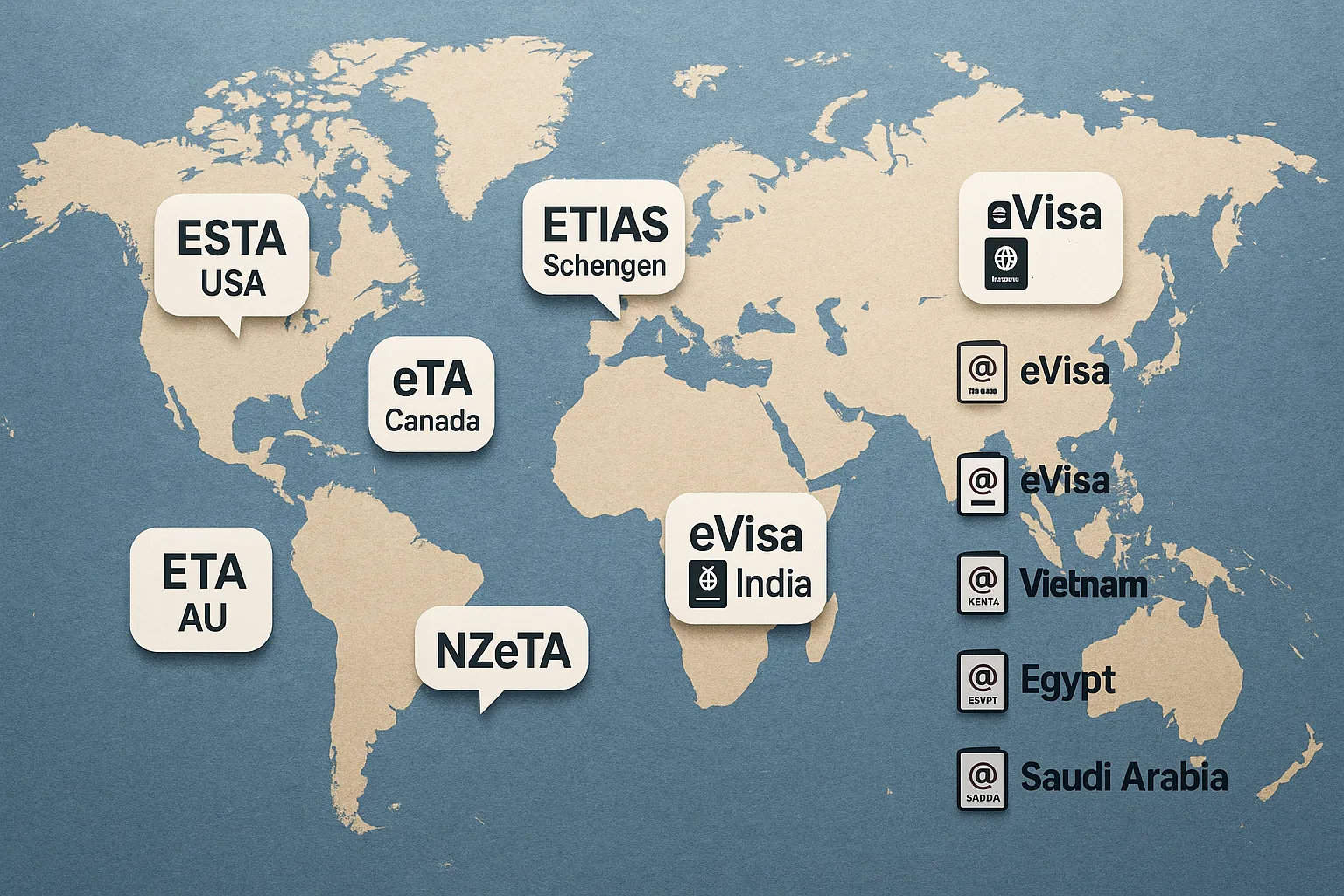 Flat world map with callouts for common electronic travel authorizations, labels for ESTA USA, eTA Canada, ETA UK, ETIAS Schengen, ETA AU, NZeTA, plus eVisa icons for India, Vietnam, Kenya, Egypt, and Saudi Arabia.