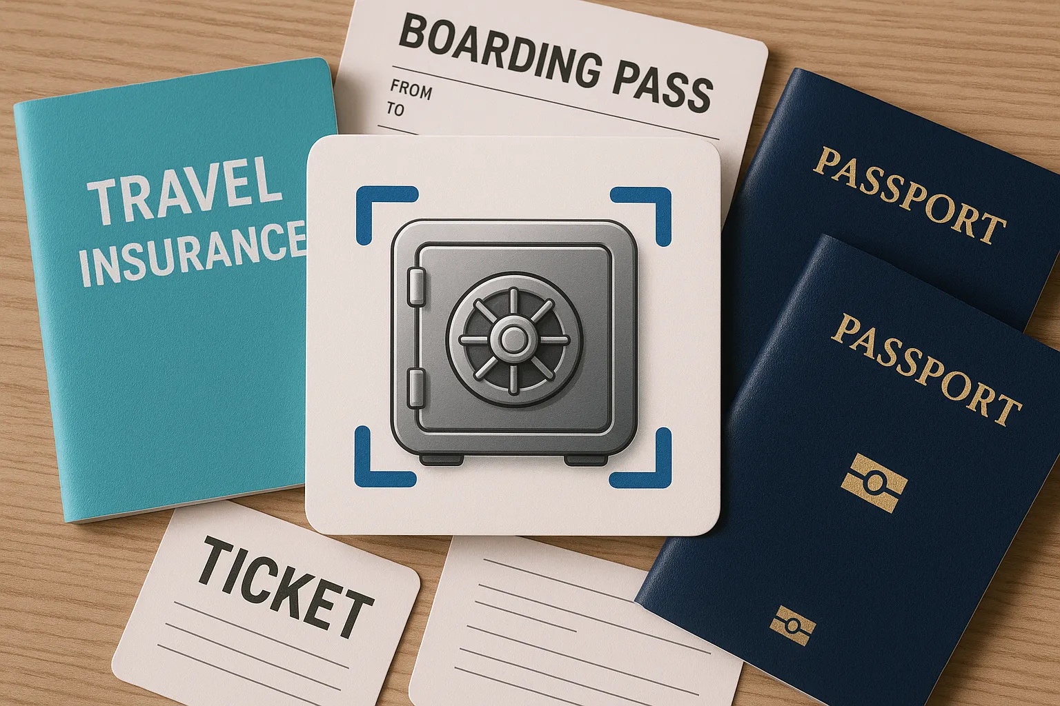 Illustration of a secure digital vault icon surrounded by travel documents and biometric passports, symbolizing organized storage for fast re-applications.