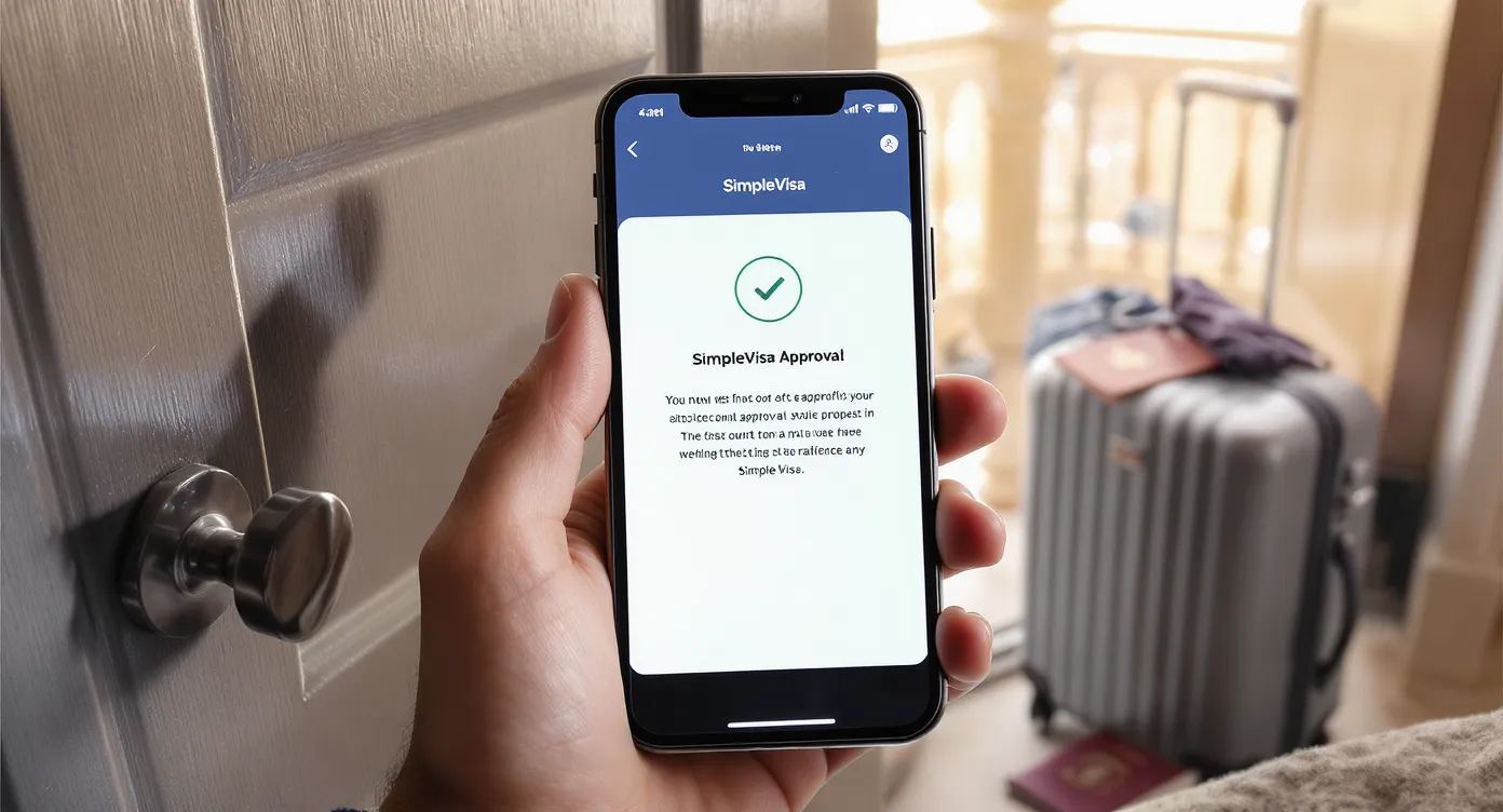 Illustration of a smartphone screen displaying a SimpleVisa approval notification while a suitcase and passport sit ready by the door, symbolizing a stress-free departure.