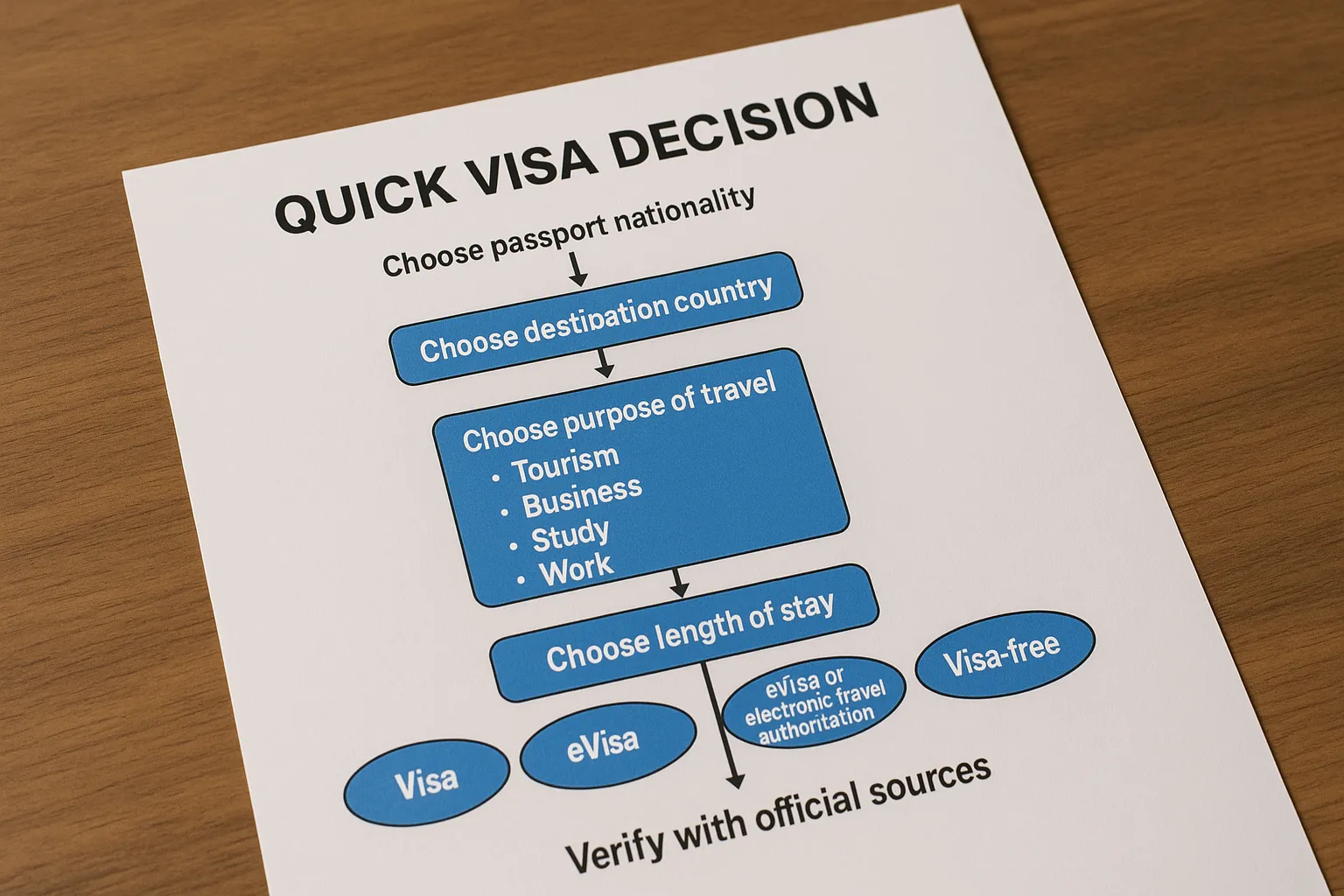 Minimal flowchart showing the quick visa decision path: choose passport nationality, choose destination country, choose purpose of travel (tourism, business, study, work), choose length of stay (short stay or long stay), then outputs likely document type (visa, eVisa or electronic travel authorization, or visa-free) with a reminder to verify with official sources.