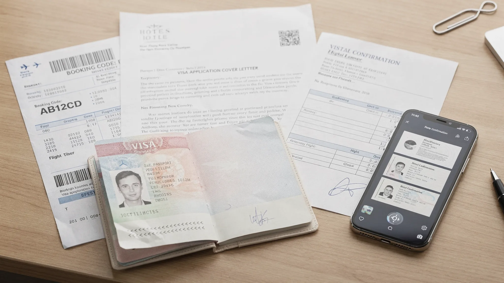 Neatly arranged visa-application packet on a desk: passport open to photo page, printed flight itinerary showing a verifiable booking code, hotel confirmation with address and dates, and a simple cover letter. A smartphone on the side displays a PDF viewer with the same documents ready to upload.