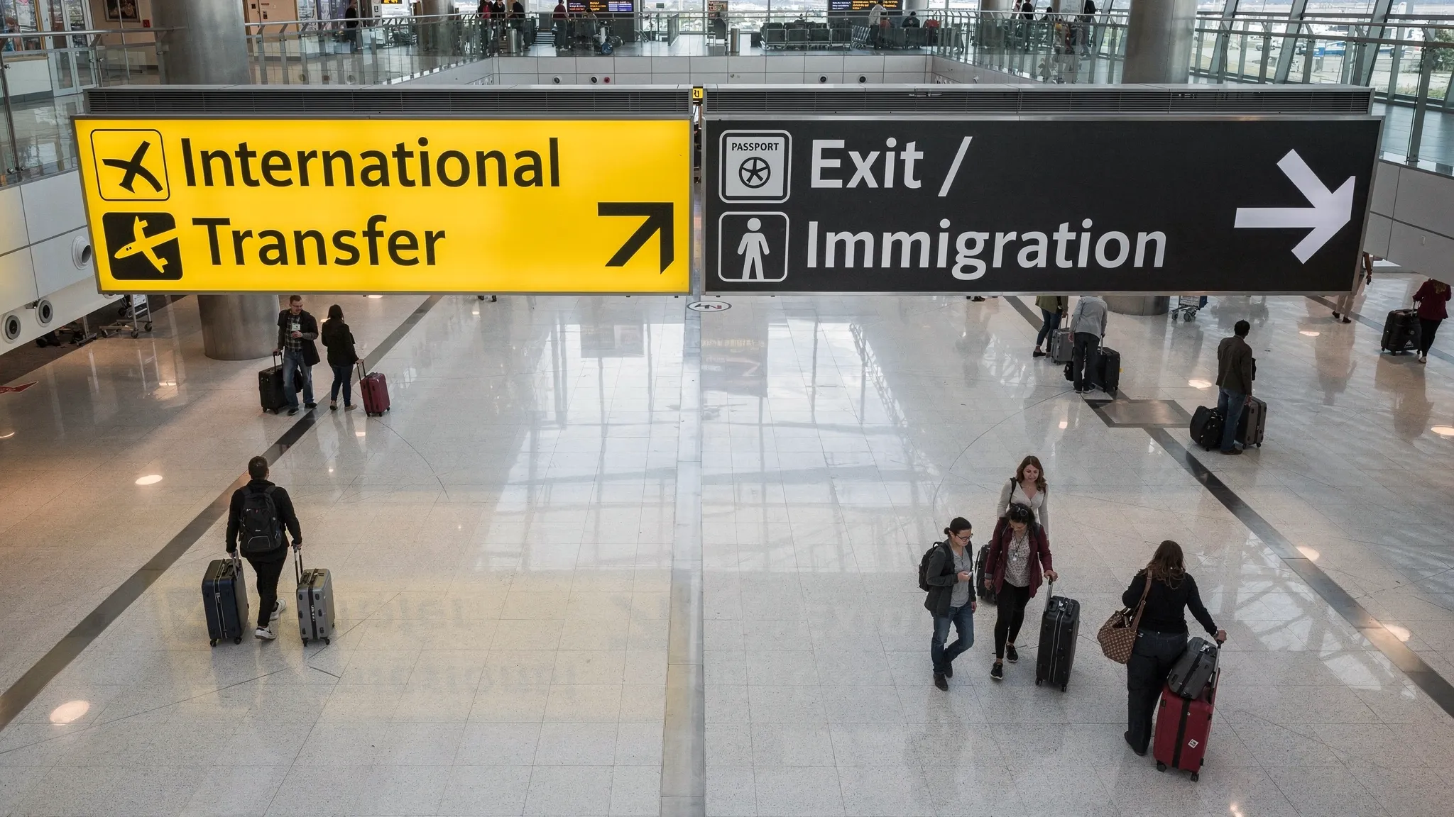 Overhead view of a major international airport’s connection hub with clear “International Transfer” and “Exit/Immigration” signs diverging, showing travelers choosing between staying airside for transit and going landside to reclaim bags or change airports.
