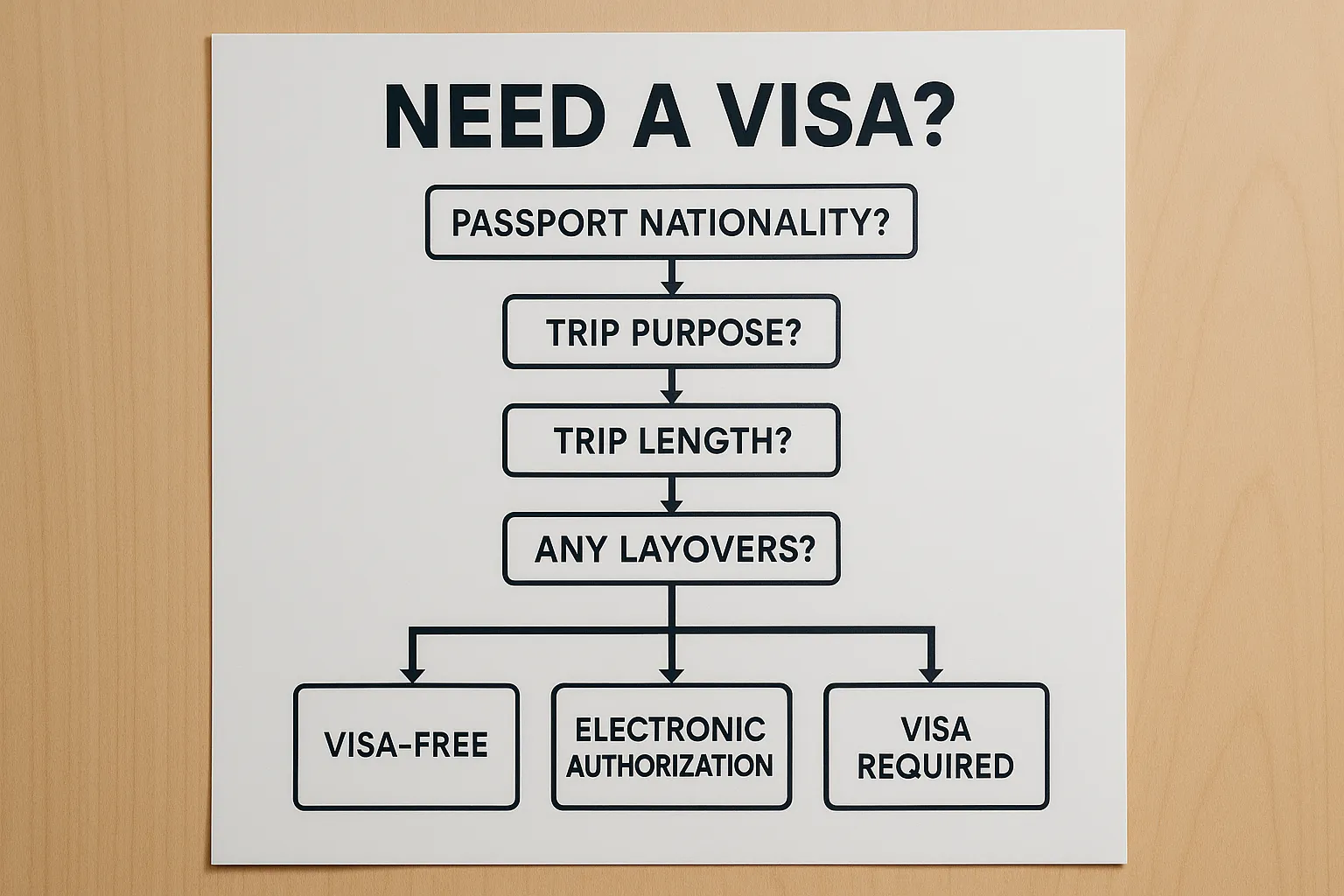Simple decision tree showing whether a traveler likely needs a visa, starting with passport nationality, trip purpose, trip length, mode of entry, and whether there are layovers, ending in three outcomes, visa free, electronic authorization, or visa required at a consulate.