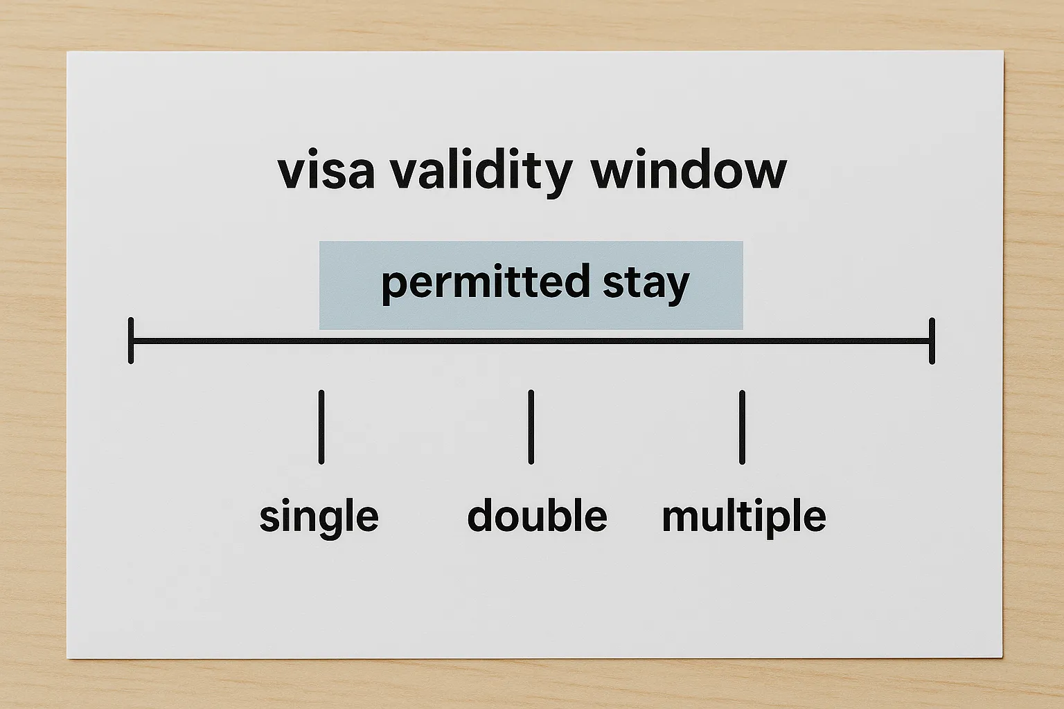 Simple diagram showing a horizontal timeline labeled “visa validity window,” with shorter blocks inside labeled “permitted stay” and markers for “single,” “double,” and “multiple” entries to illustrate the difference between overall validity and per visit duration.