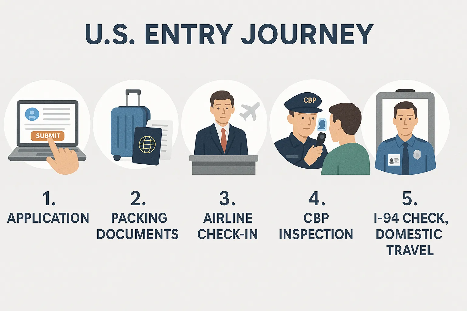 Simple infographic showing a five-step US entry journey, application, packing documents, airline check-in, CBP inspection with biometrics, I-94 check, and domestic travel with TSA ID screening.