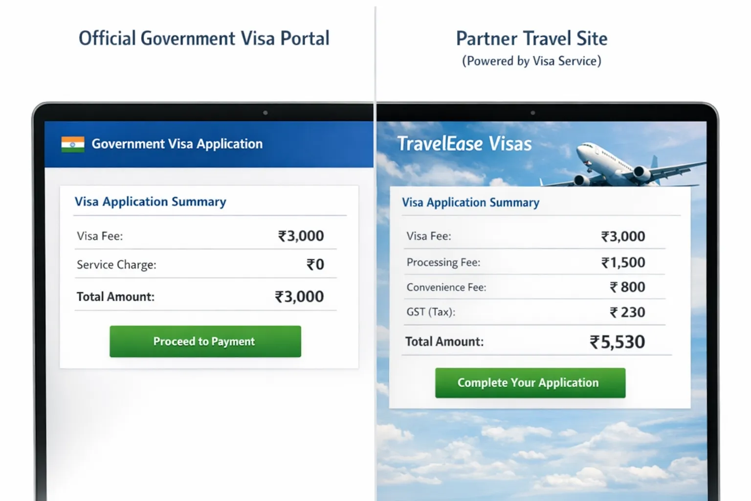 Split-screen illustration comparing an official government visa portal with a partner travel site powered by a white-label visa service, both showing clear fee breakdowns in local currency.