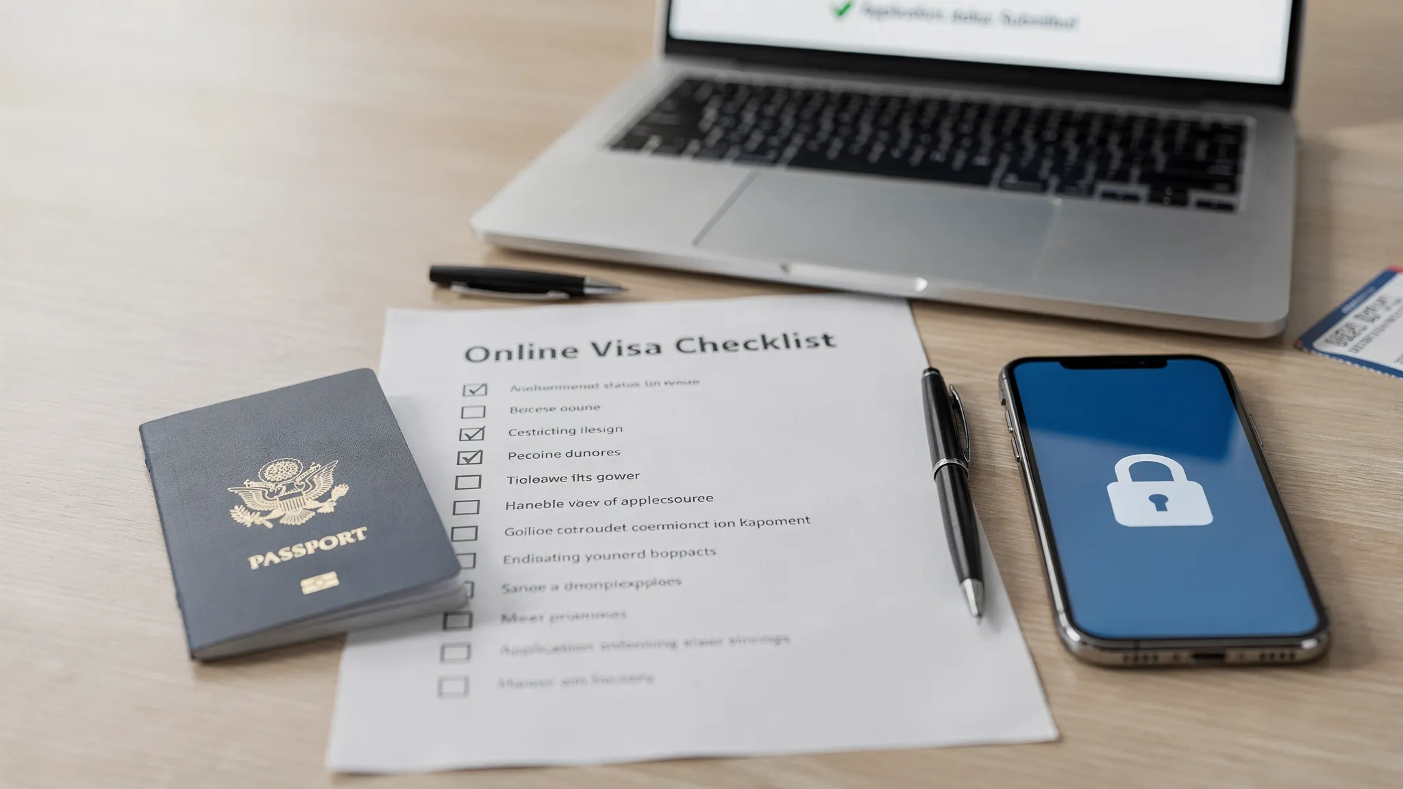A clean 12-point online visa company checklist laid out on a desk next to a passport, a phone showing a secure lock icon, and a laptop with a simple “Application status: Submitted” screen. The scene should feel professional and travel-oriented, with no visible personal data on documents.