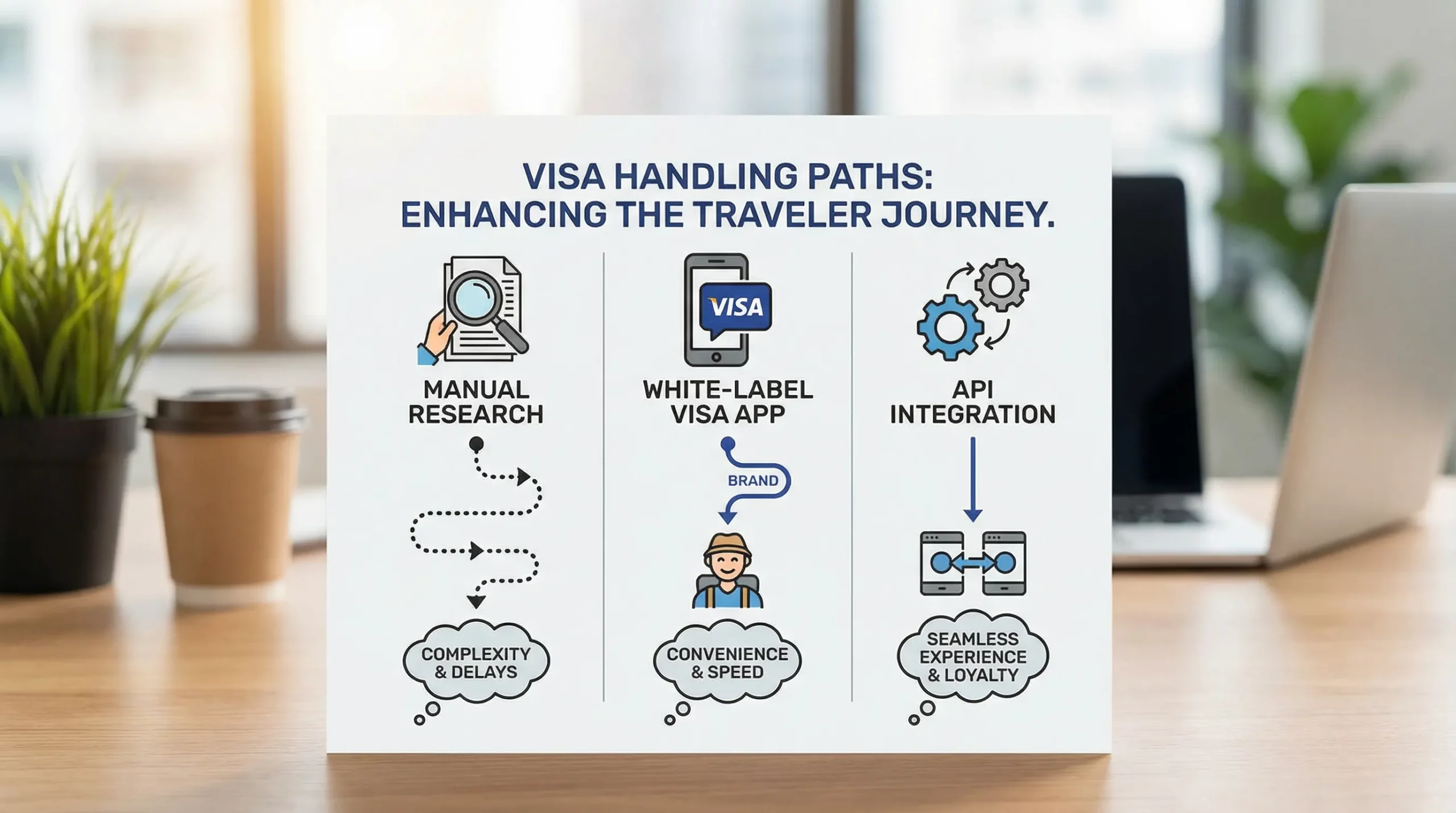 A clean comparison graphic showing three paths for handling visas in travel: manual research, using a white-label visa app, and using an API integration, with simple icons for each and a focus on smoother customer experience.
