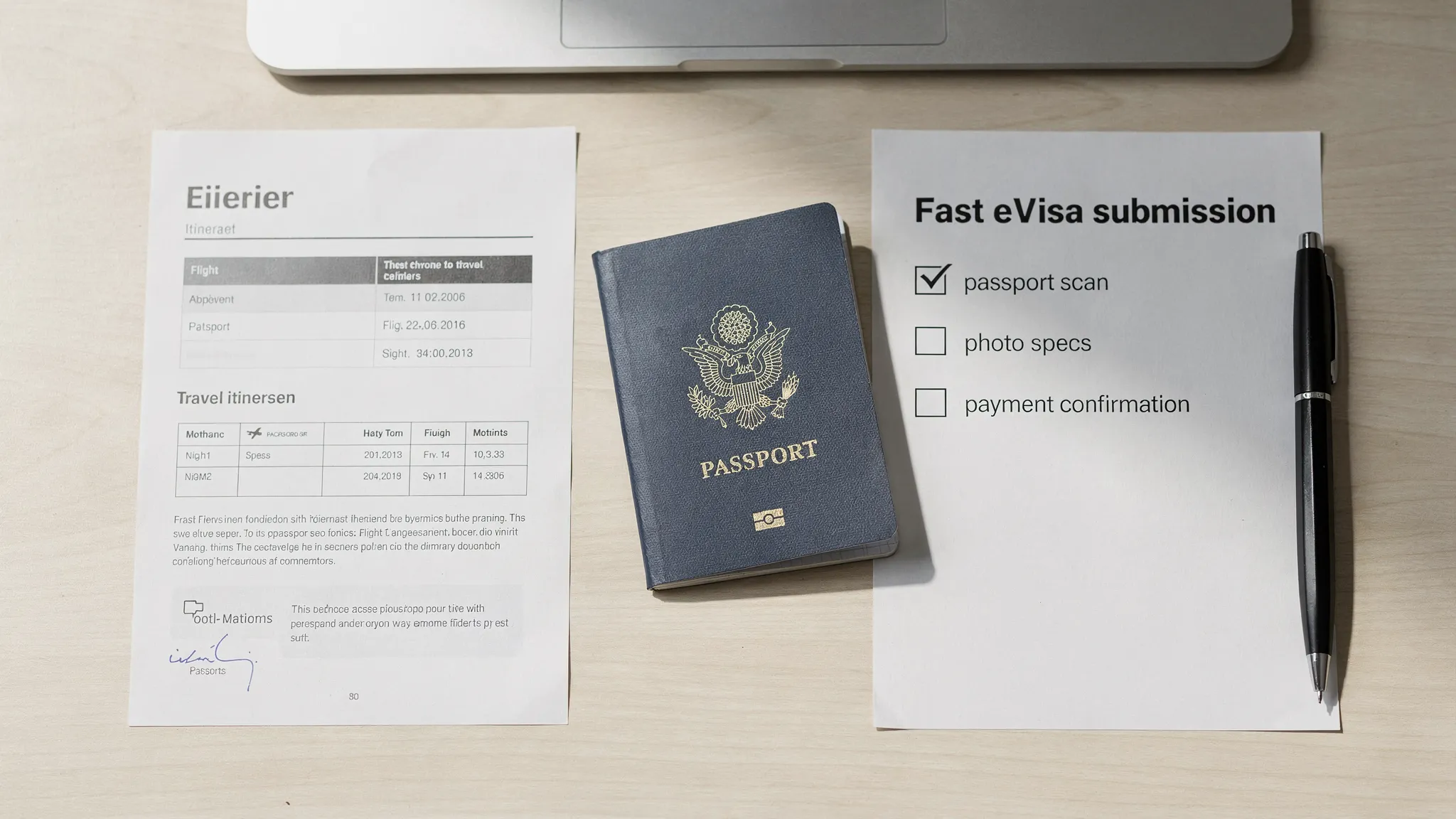 A clean desk layout showing a passport, a printed travel itinerary, and a simple checklist titled “Fast eVisa submission,” with items like “passport scan,” “photo specs,” and “payment confirmation.”