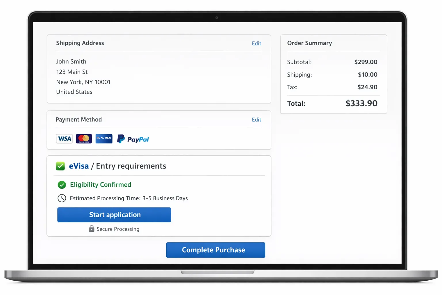A clean mockup-style illustration of a checkout page with an optional add-on card labeled “eVisa / Entry requirements.” The card shows eligibility confirmed, estimated processing time range, and a “Start application” button, with a small lock icon indicating secure processing.