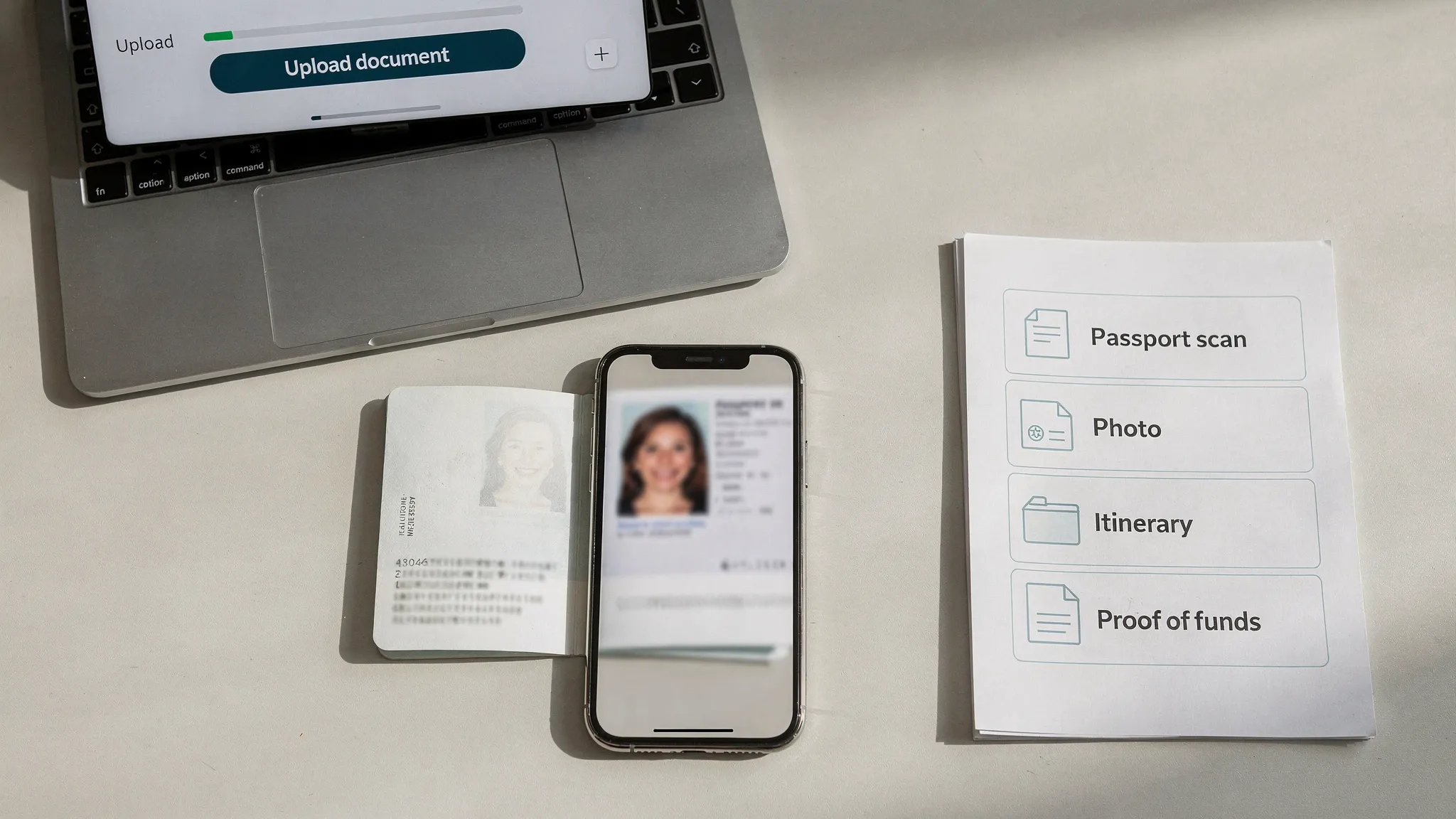 A clean, organized flat-lay of travel documents including a passport photo page being scanned on a phone, a laptop with a “document upload” screen (no visible personal data), and neatly labeled digital files icons representing passport scan, photo, itinerary, and proof of funds.