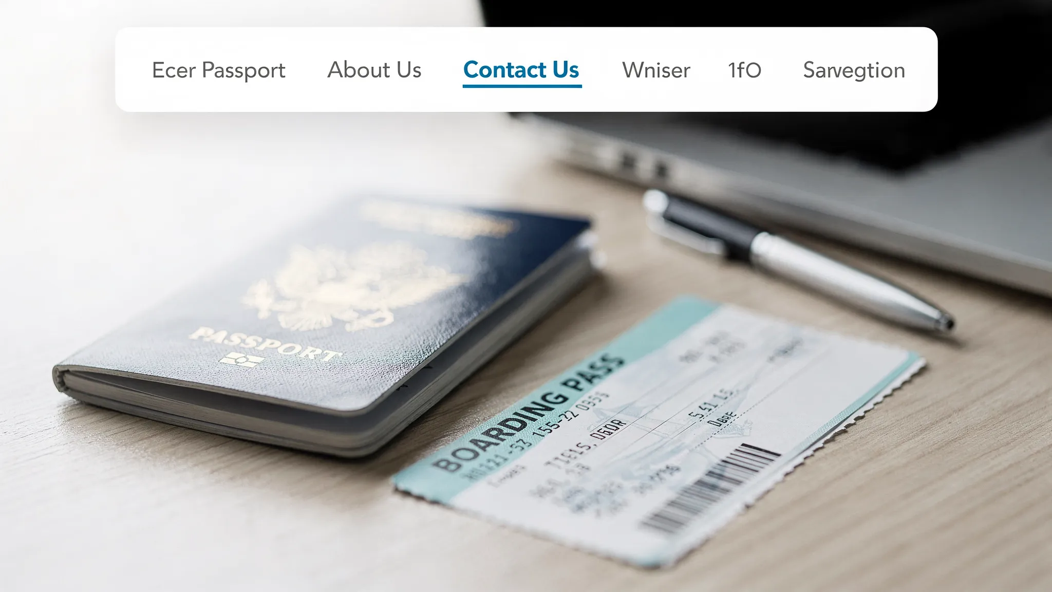 A clean website navigation header with the menu items “About Us” and “Contact Us” highlighted, plus a subtle travel-themed background with a passport and boarding pass on a desk.