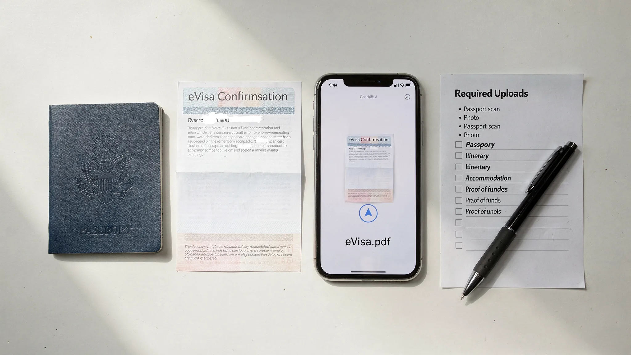 A flat lay of travel document essentials: passport, printed eVisa confirmation page, smartphone showing a saved PDF copy, and a checklist of required uploads (passport scan, photo, itinerary, accommodation, proof of funds).