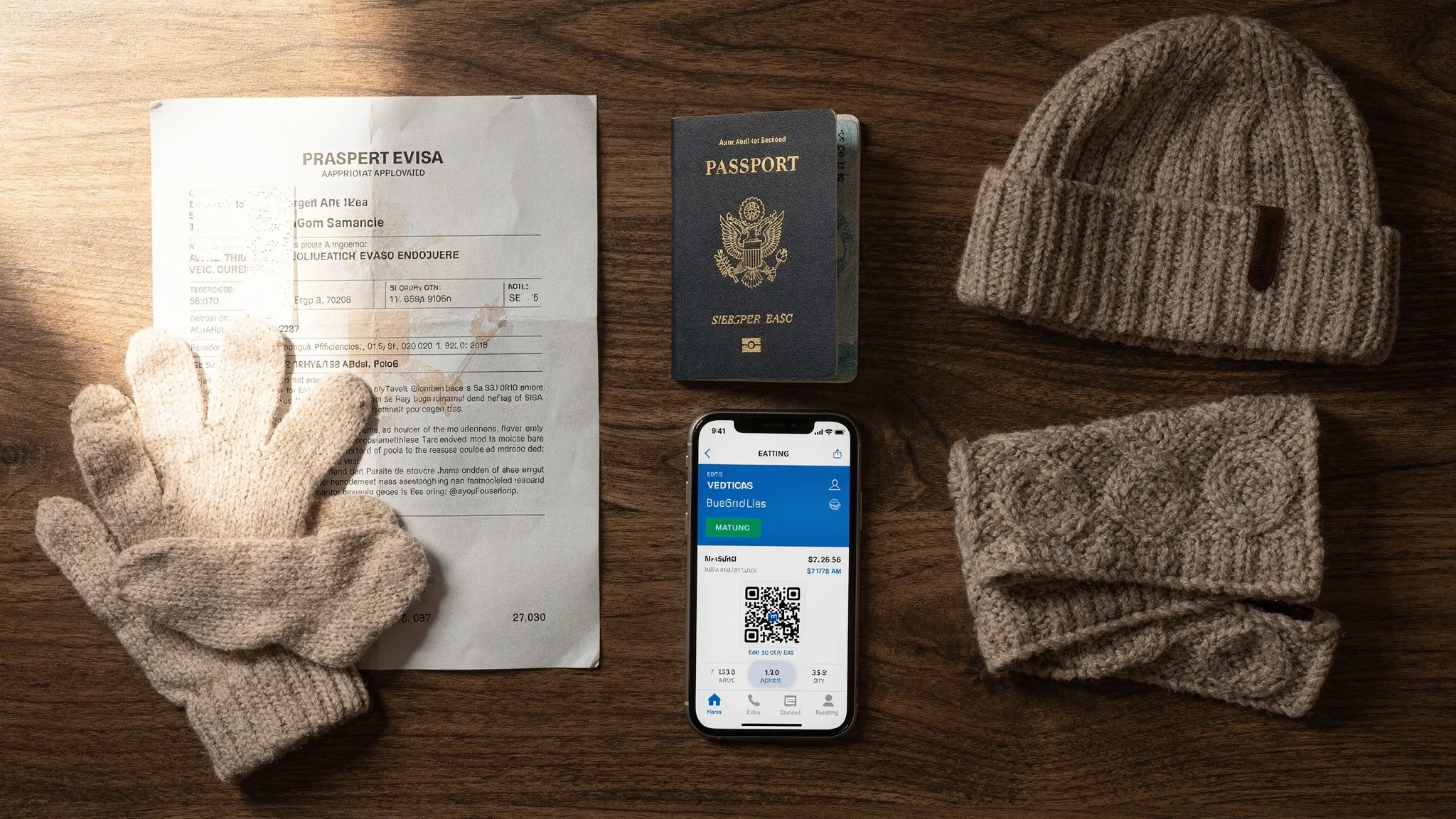 A flat lay of travel preparation items: passport, printed eVisa approval, phone with a boarding pass screen, and winter travel accessories like gloves and a beanie, arranged neatly on a table.