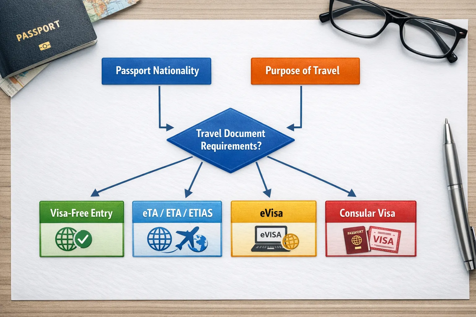 A simple flowchart showing how travel document rules depend on two inputs: passport nationality and purpose of travel, leading to outcomes like visa-free entry, eTA/ETA/ETIAS, eVisa, or consular visa.