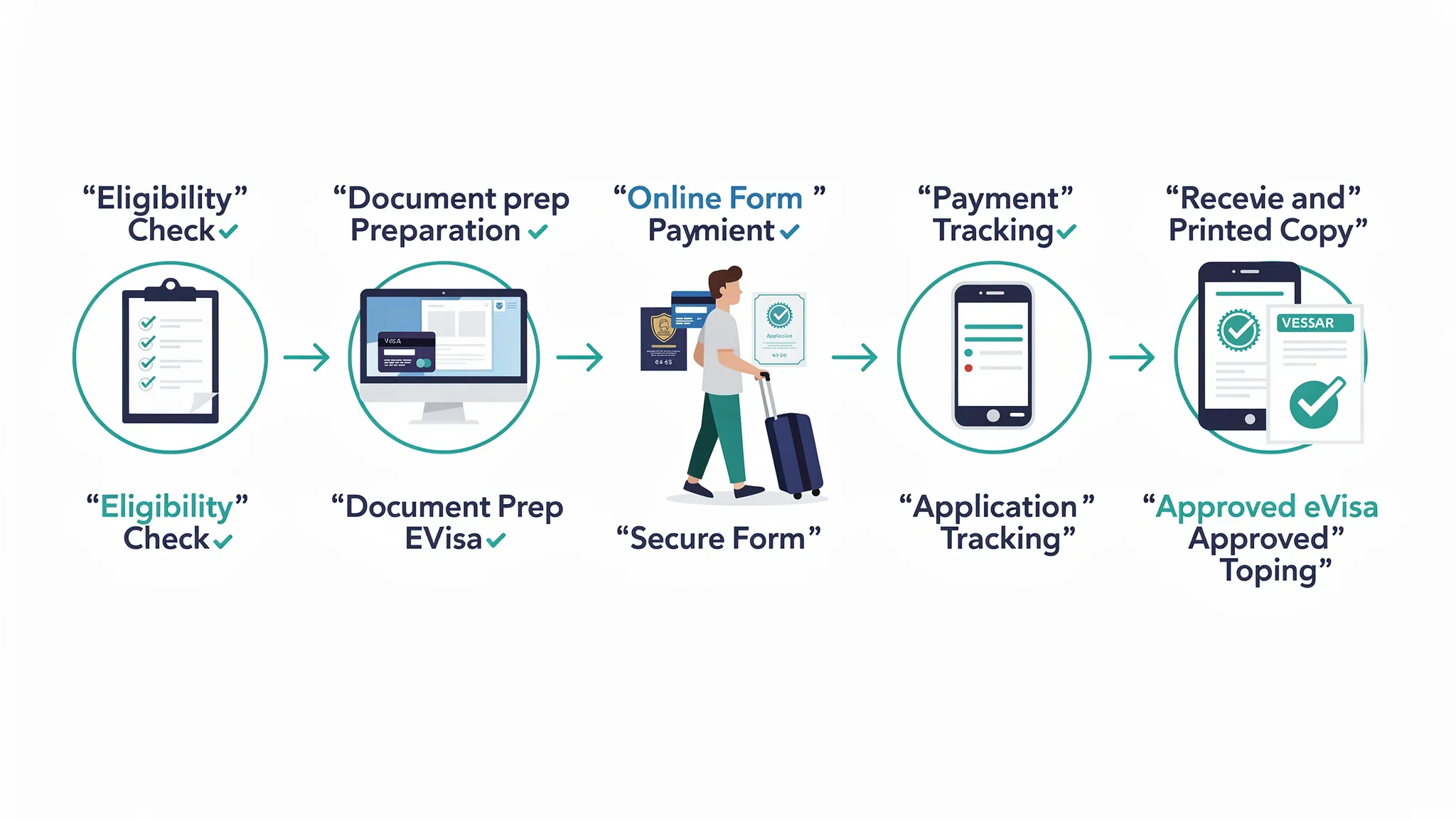 A simple illustrated flow showing a traveler moving through six steps: eligibility check, document prep, online form, payment, tracking, and receiving an approved eVisa on a phone and printed copy.