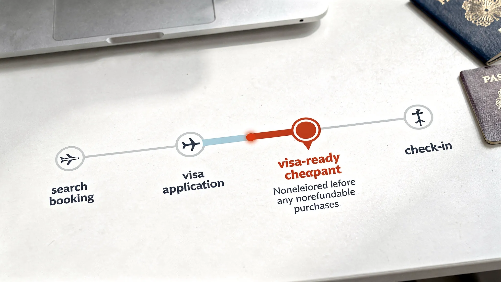 A simple timeline diagram showing the traveler journey from “search” to “booking” to “visa application” to “check-in,” with a highlighted “visa-ready checkpoint” before nonrefundable purchases.