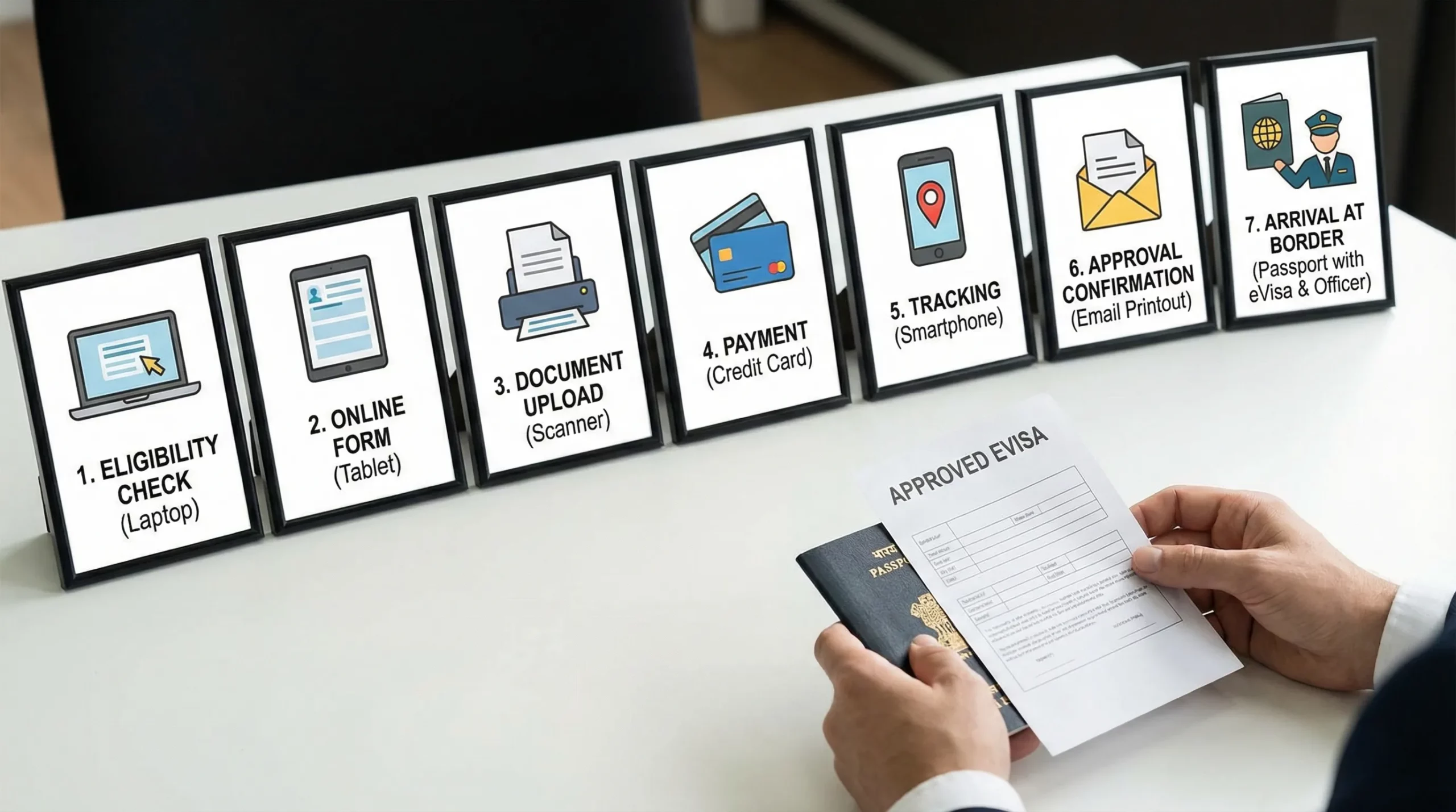 A simple visual showing the eVisa journey: eligibility check, online form, document upload, payment, tracking, approval confirmation, and arrival at border control with passport and eVisa.