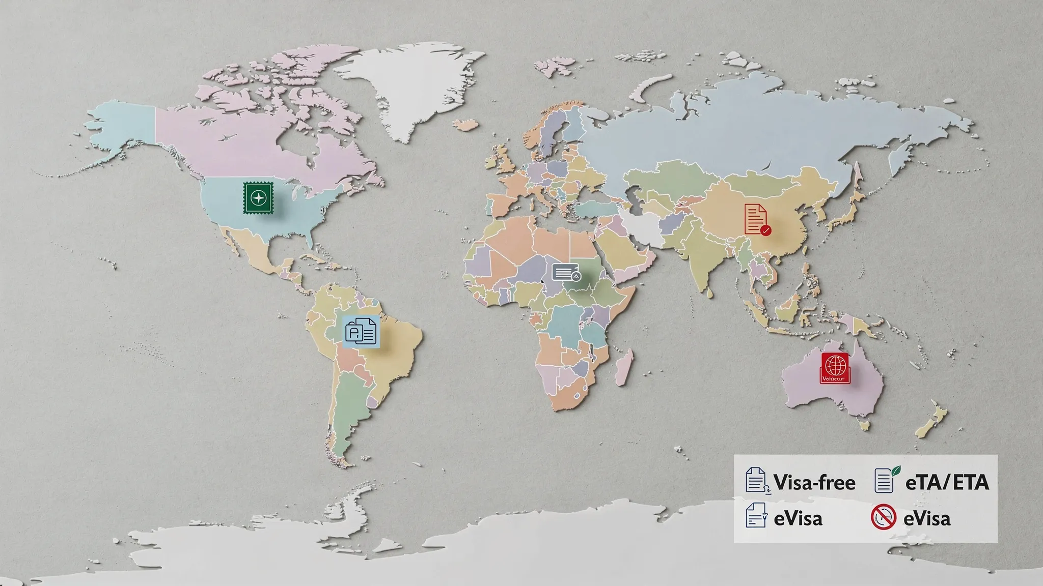 A simple world map highlighting popular destinations known for fast tourist entry approvals, with icons indicating visa-free, eTA/ETA, and eVisa categories.