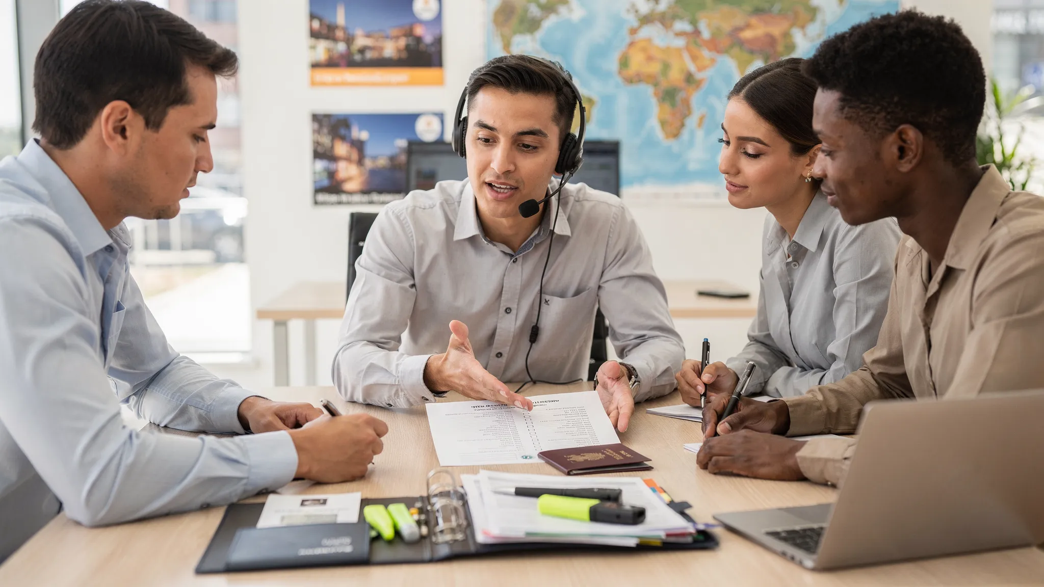 A small customer support team in a travel office reviewing a visa checklist on paper while one agent speaks on a headset, with a passport and document folder on the desk.